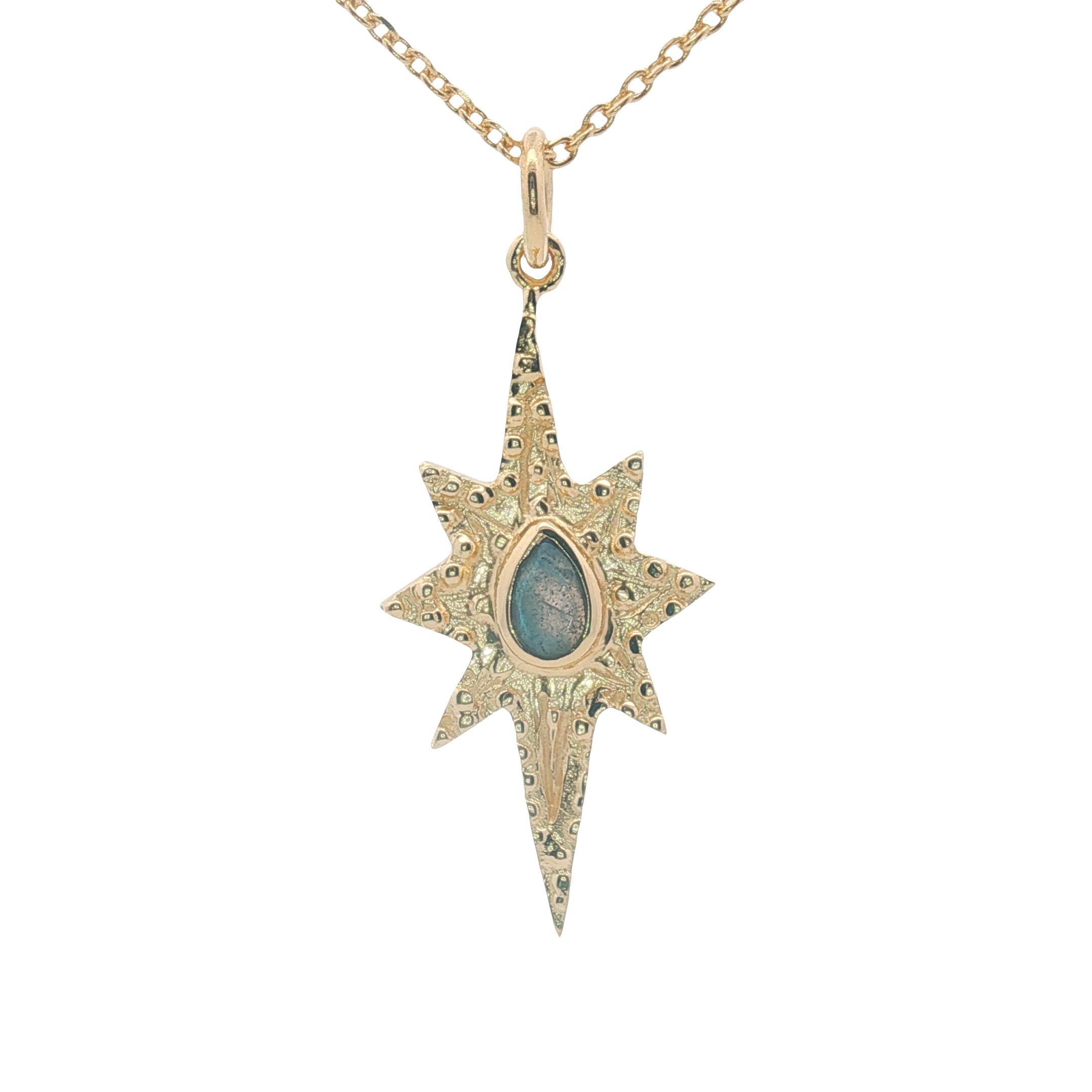 Collier doré étoile des vents martelée et labradorite 42 cm