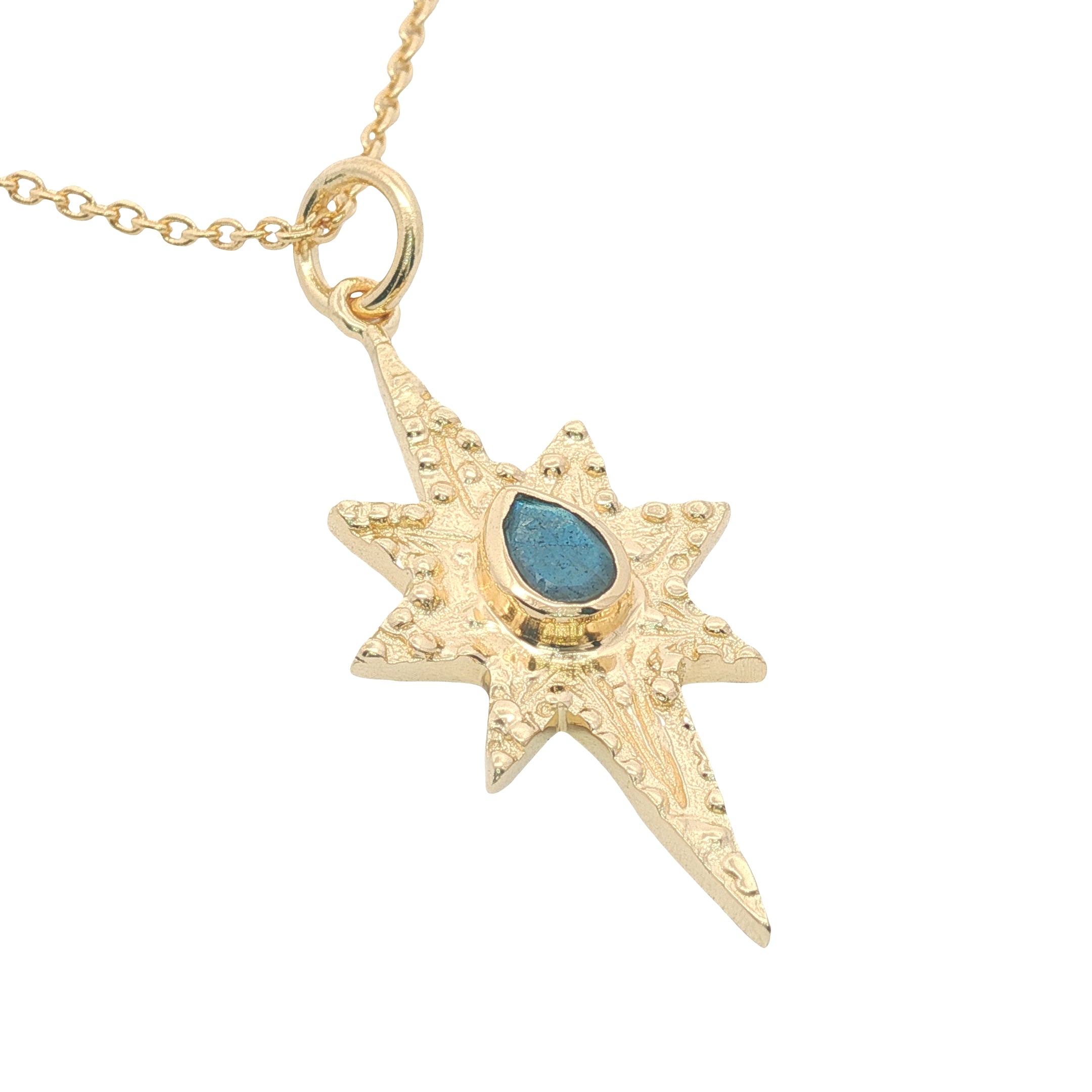 Collier doré étoile des vents martelée et labradorite 42 cm