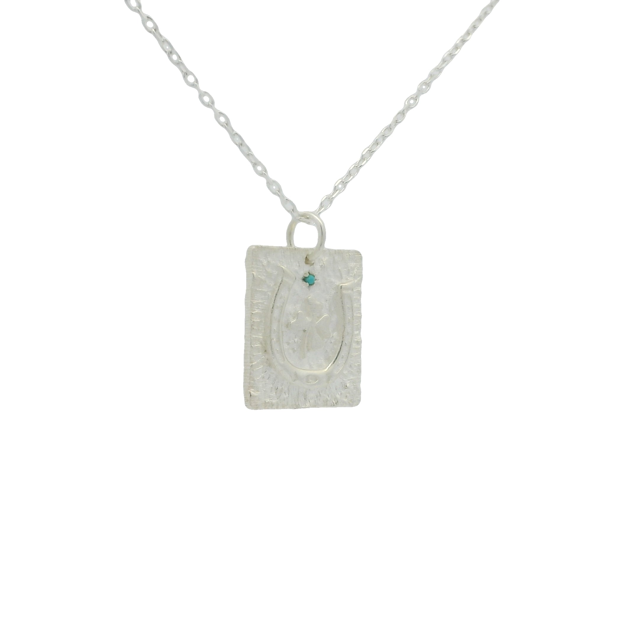 Collier argent 925 plaque fer à cheval trèfle et turquoise 42 cm