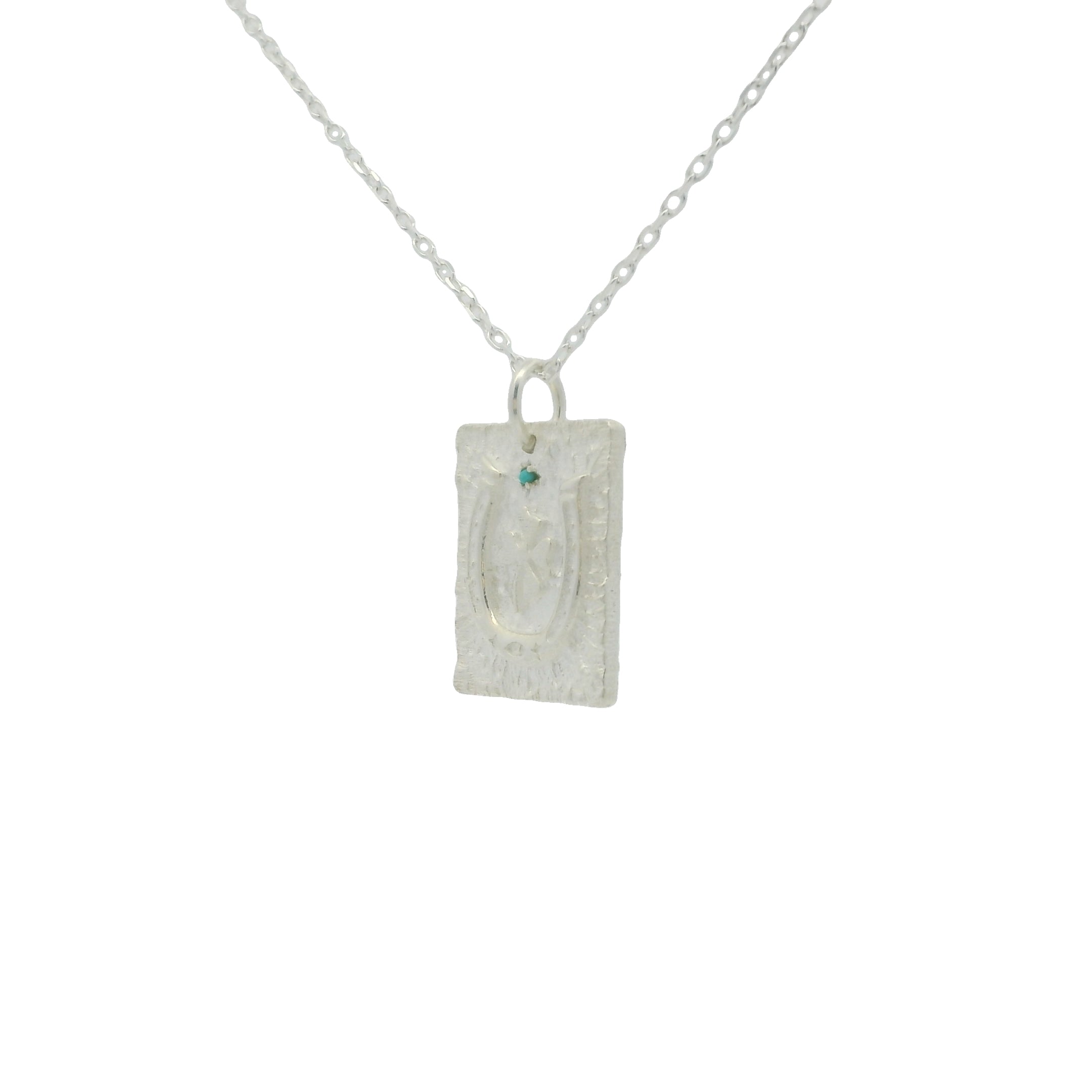 Collier argent 925 plaque fer à cheval trèfle et turquoise 42 cm