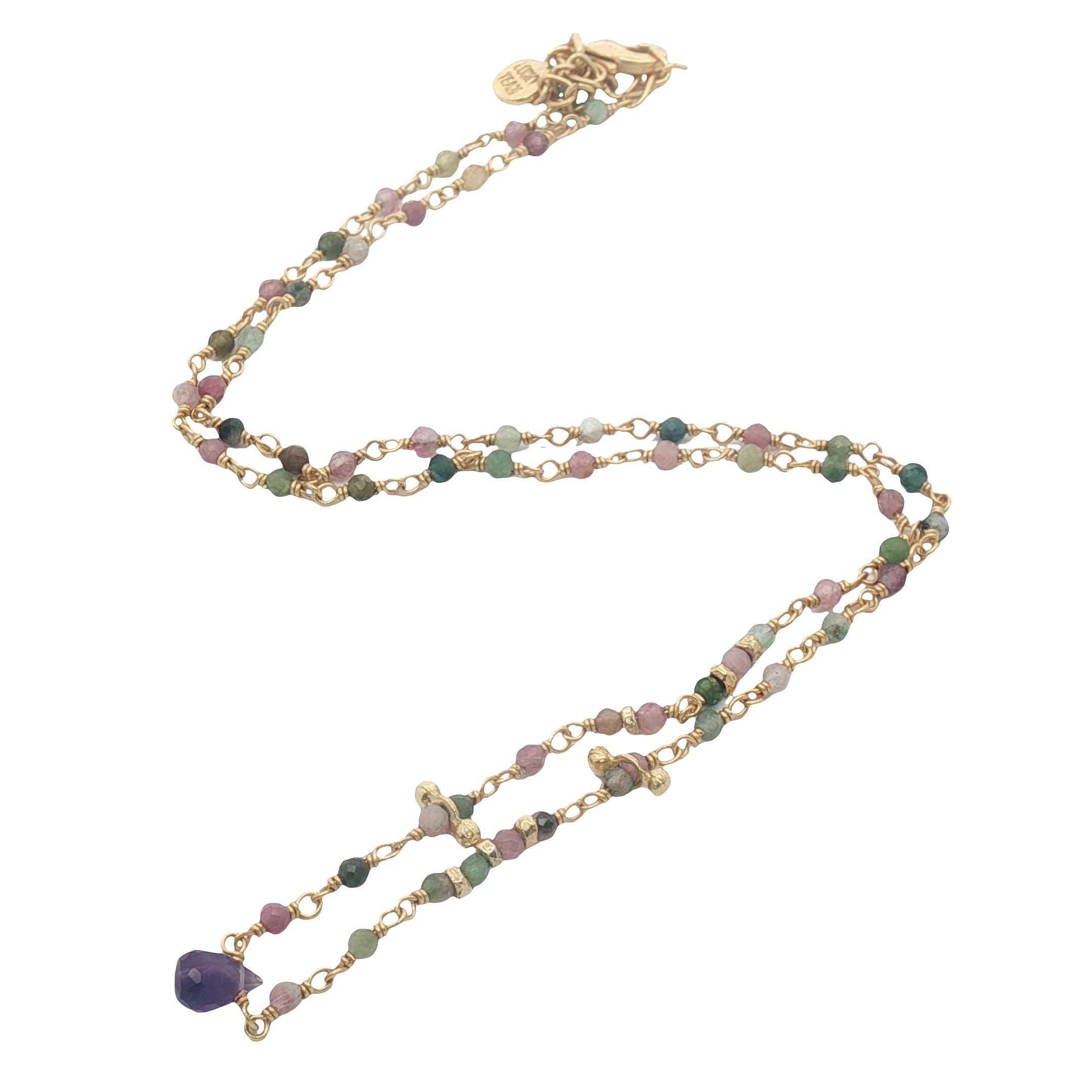 Collier doré chaine rosary en tourmaline goutte en améthyste 42 cm