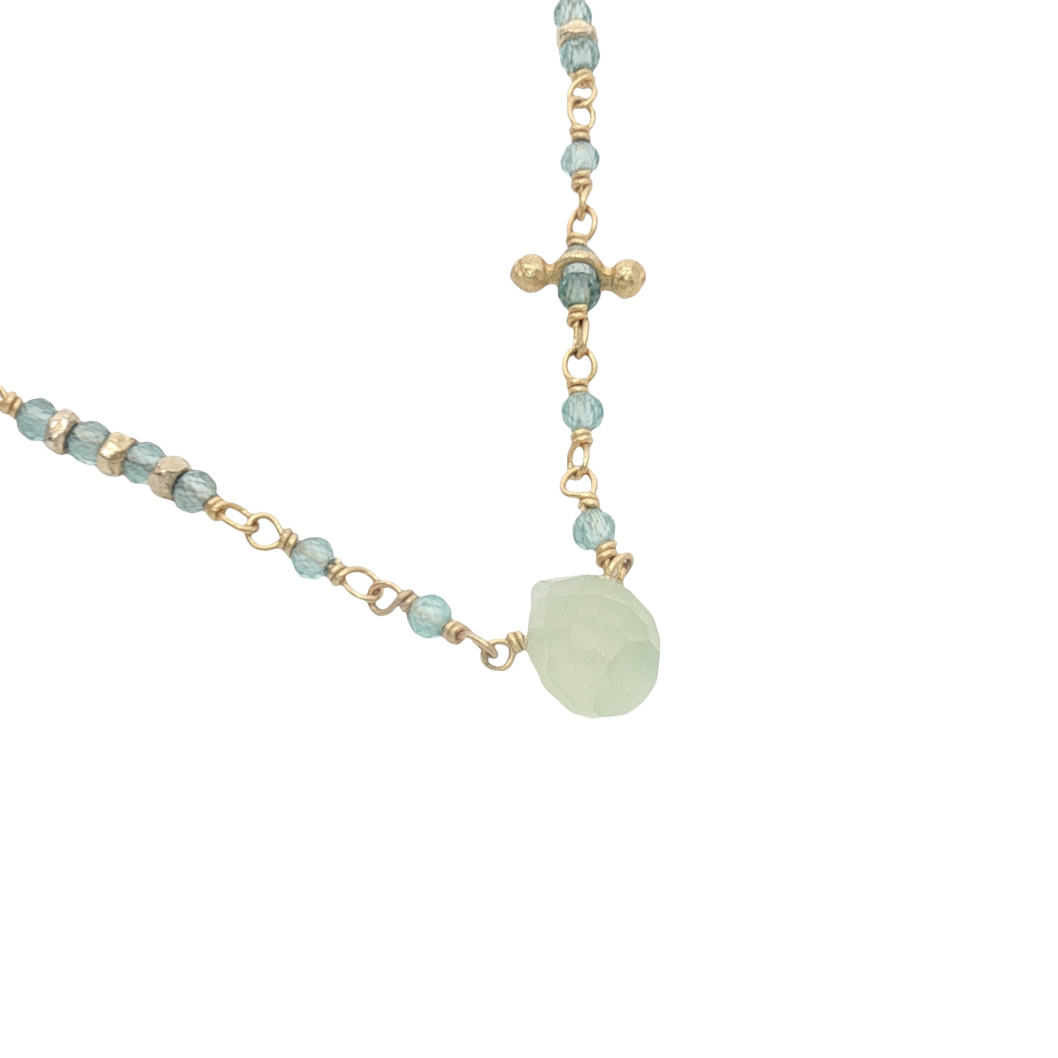 Collier doré chaine rosary en apatite goutte en prehnite 42 cm