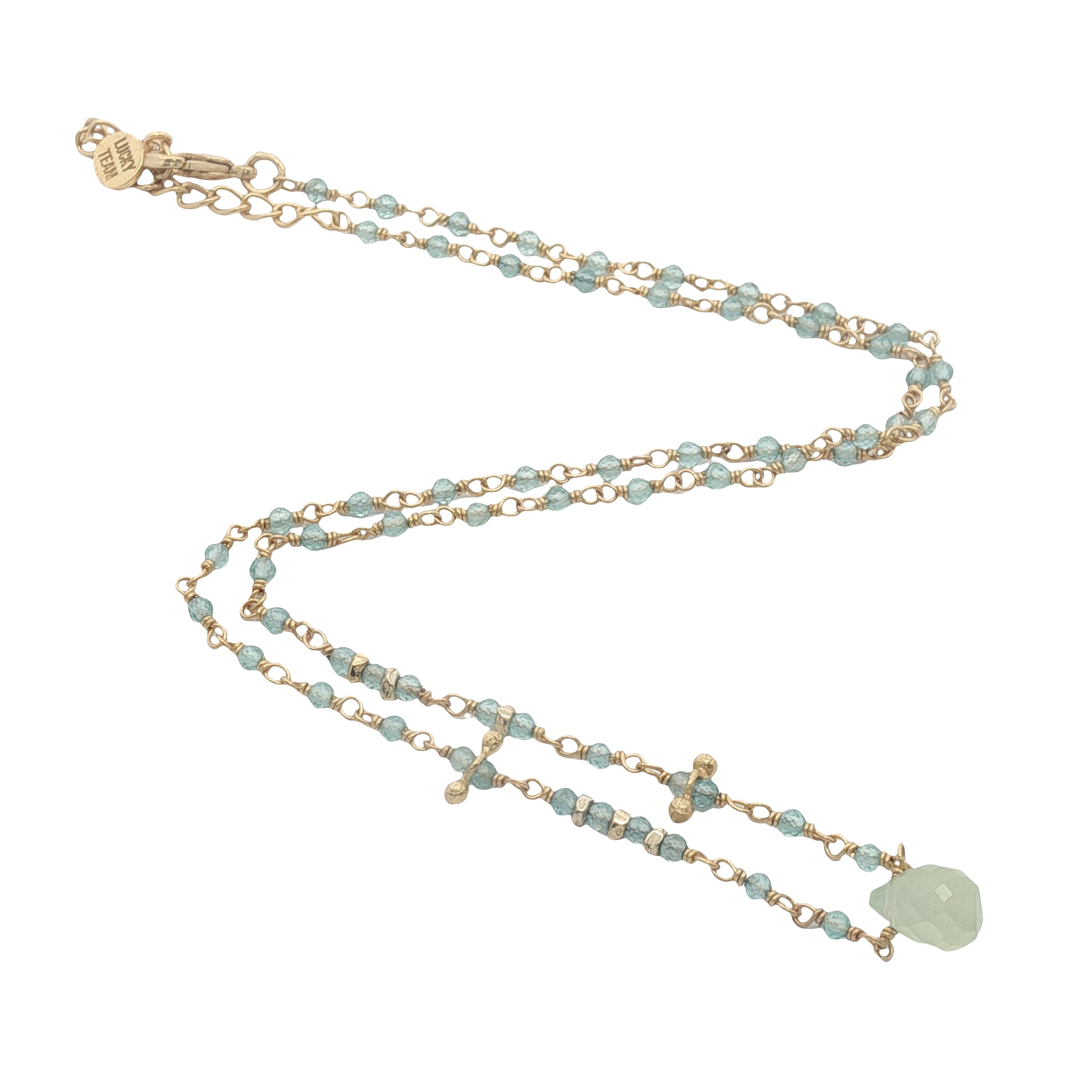Collier doré chaine rosary en apatite goutte en prehnite 42 cm