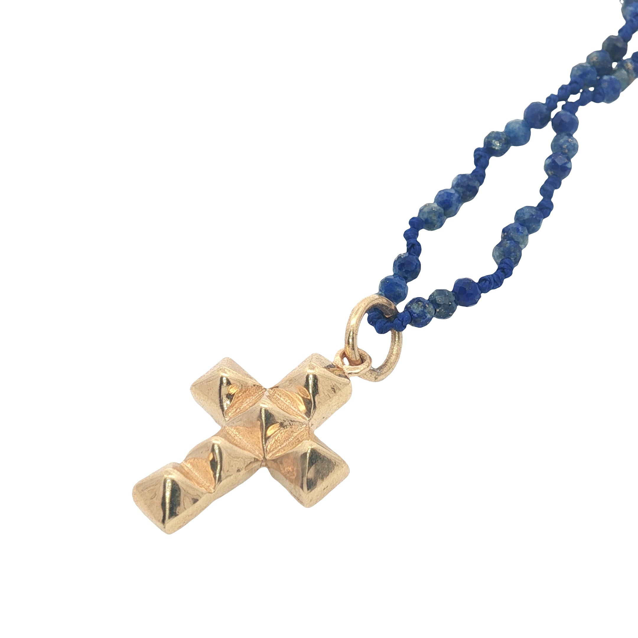Collier doré croix picots lapis lazulis 60 cm