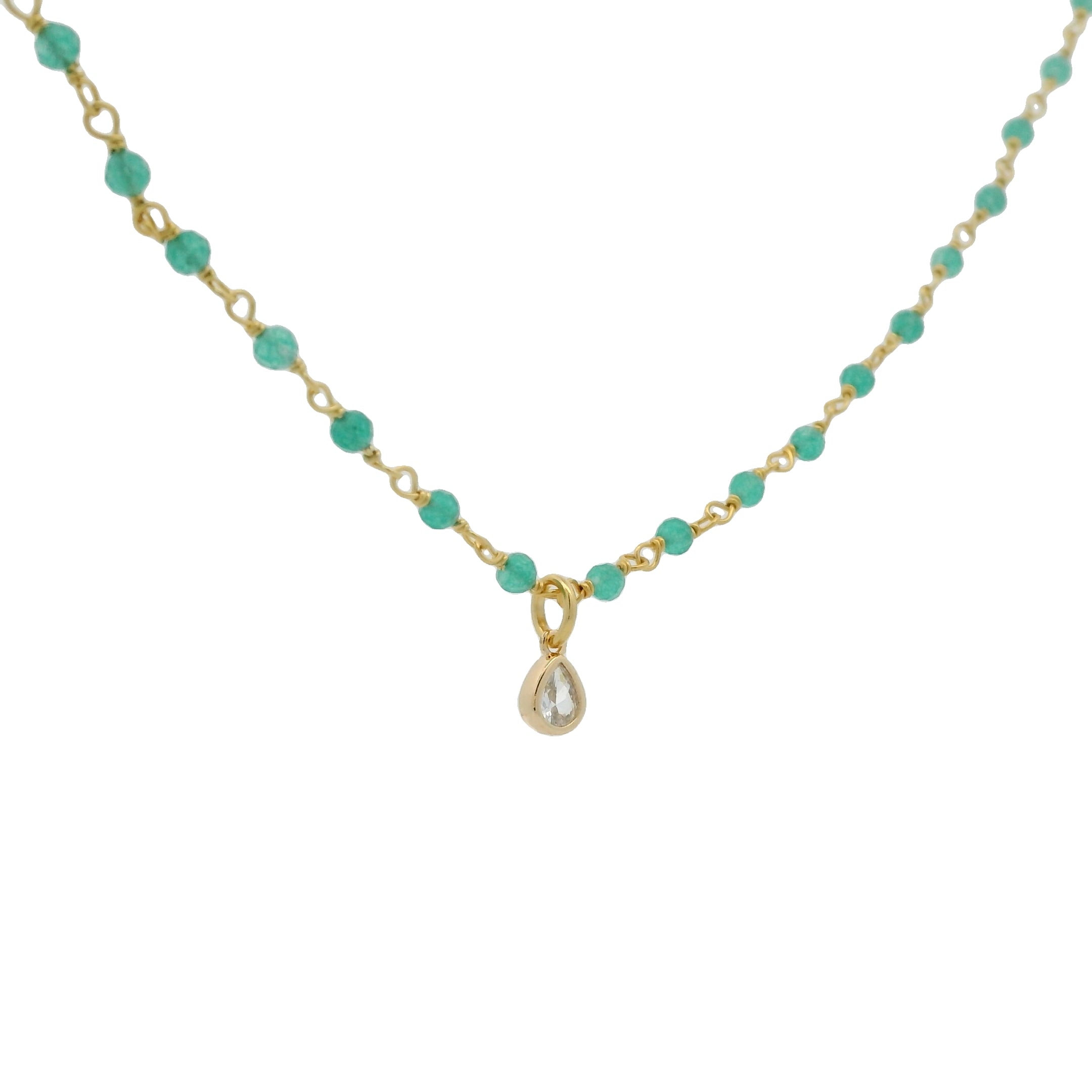 Collier doré rosary onyx verte et zircon en goutte 42 cm
