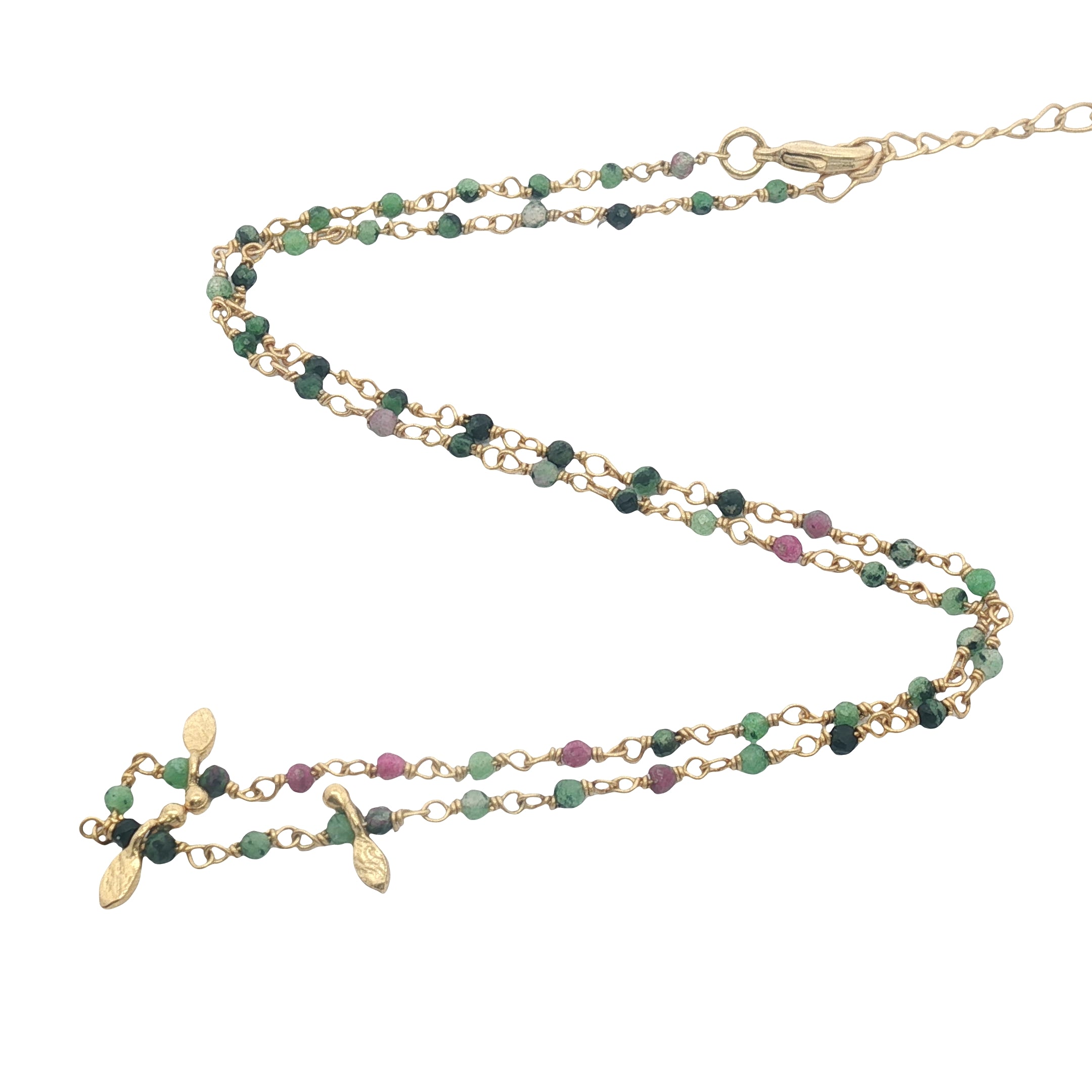 Collier doré chaine rosary en rubis zoisite et pampilles navette 42 cm