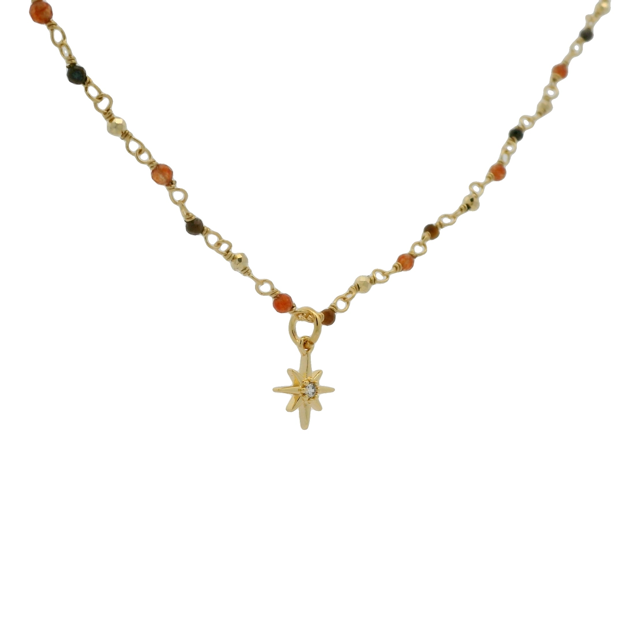 Collier doré rosary onyx rouge oeil de tigre rose des vents zircon blanc 42 cm