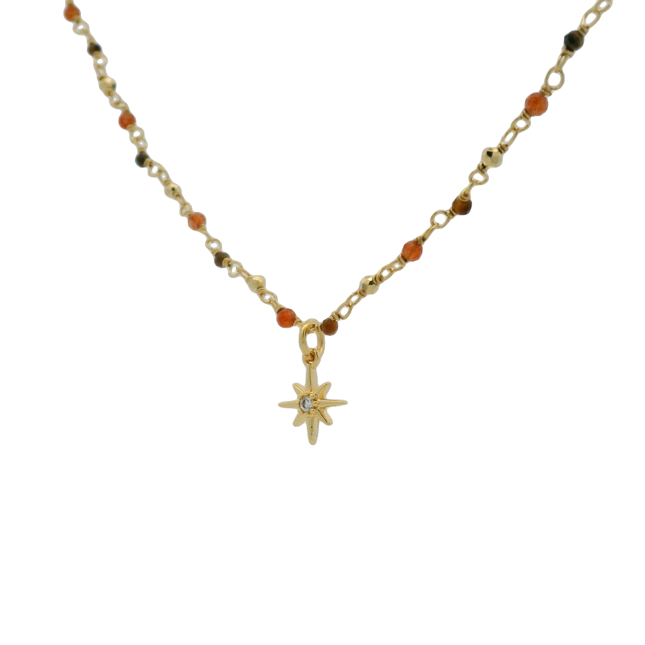 Collier doré rosary onyx rouge oeil de tigre rose des vents zircon blanc 42 cm