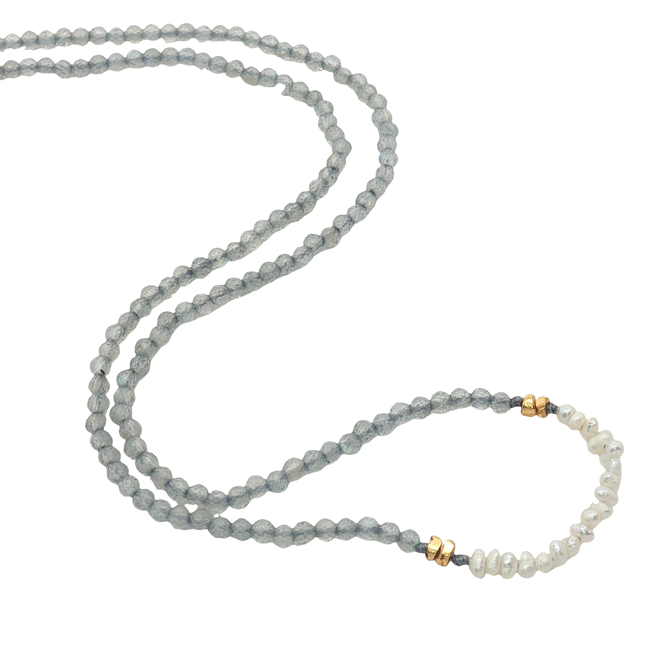 Collier doré en labradorite, perles de culture et perles dorées 38 cm