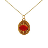 Collier doré médaille rayons de soleil et onyx rouge 42 cm