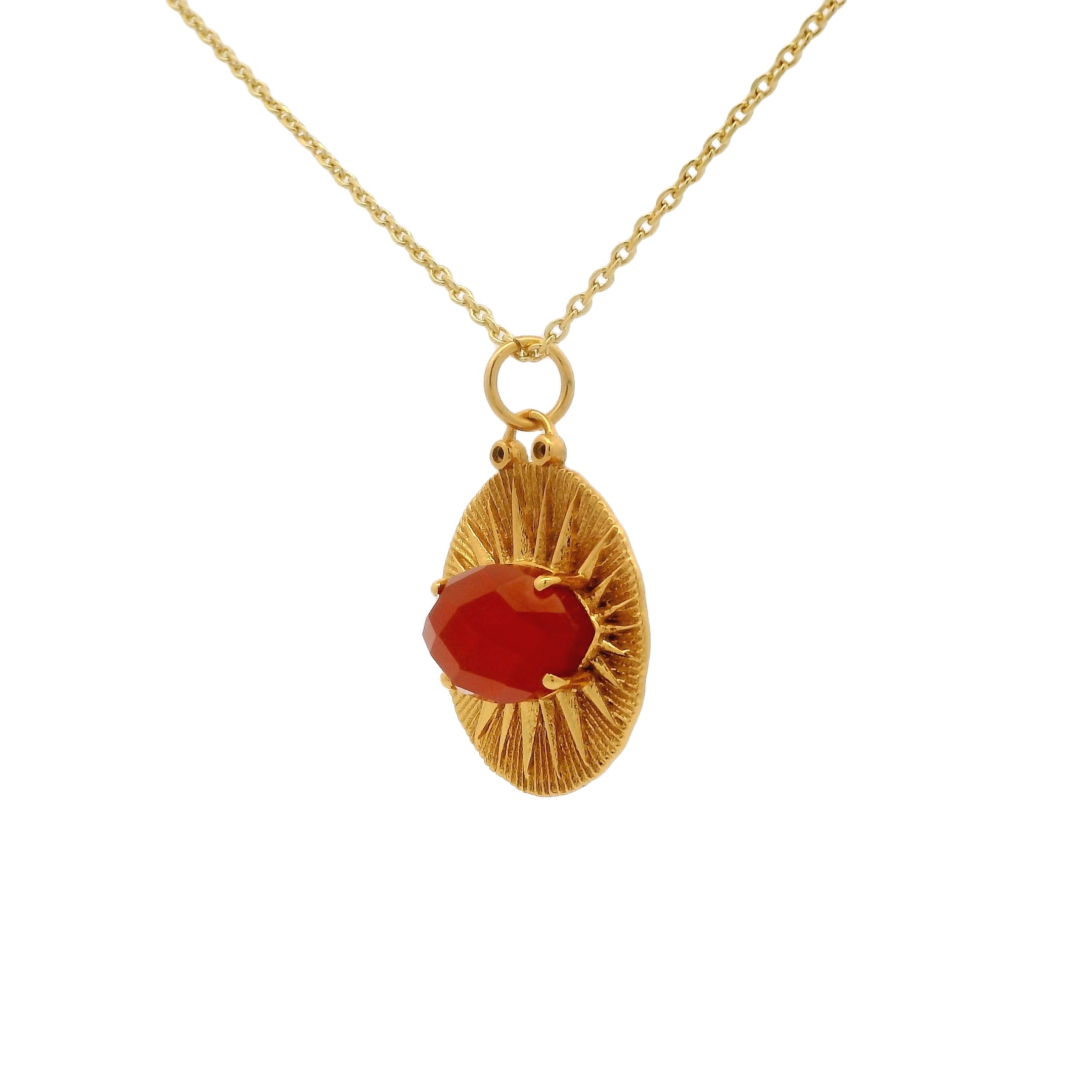 Collier doré médaille rayons de soleil et onyx rouge 42 cm