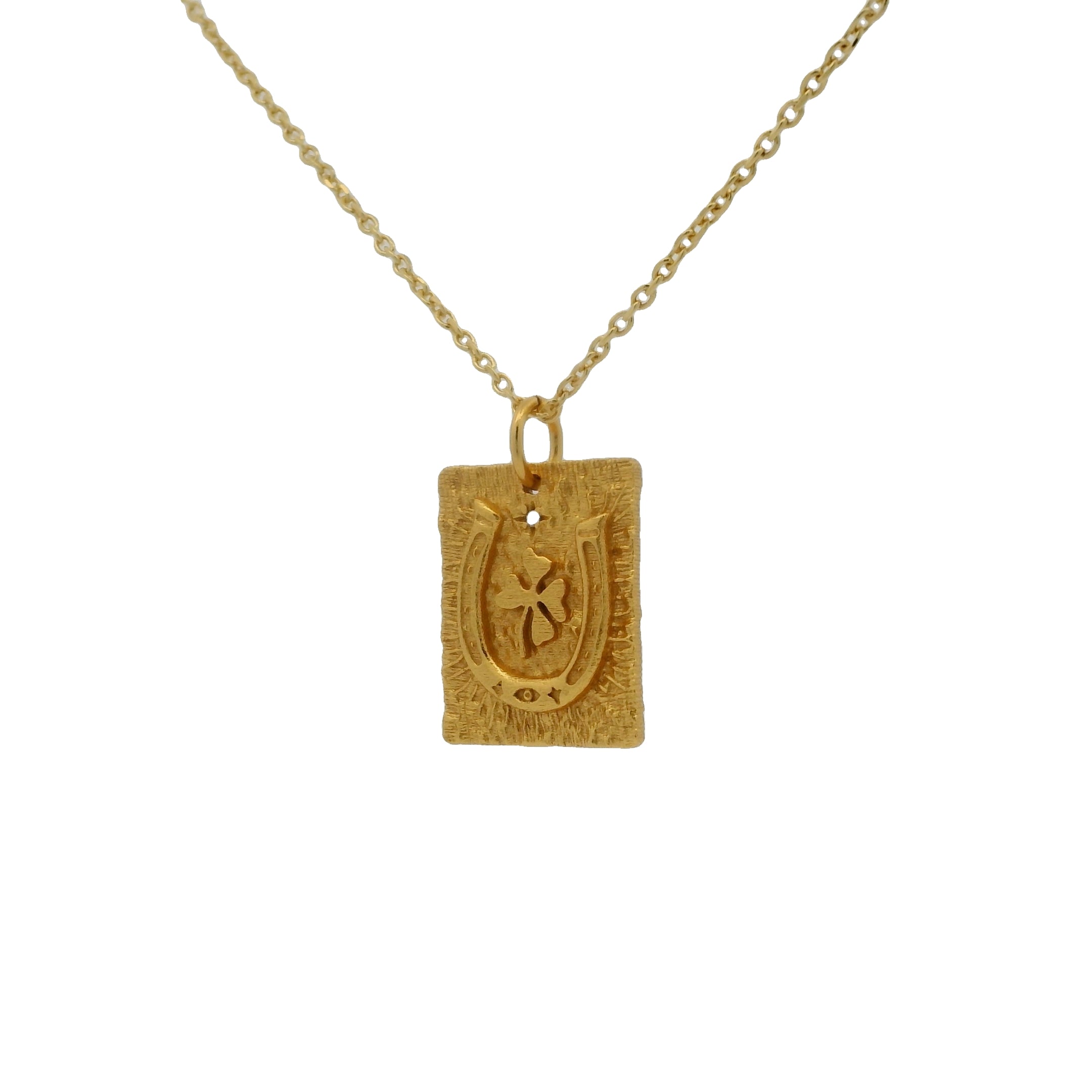 Collier doré plaque fer à cheval trèfle et zircon 42 cm