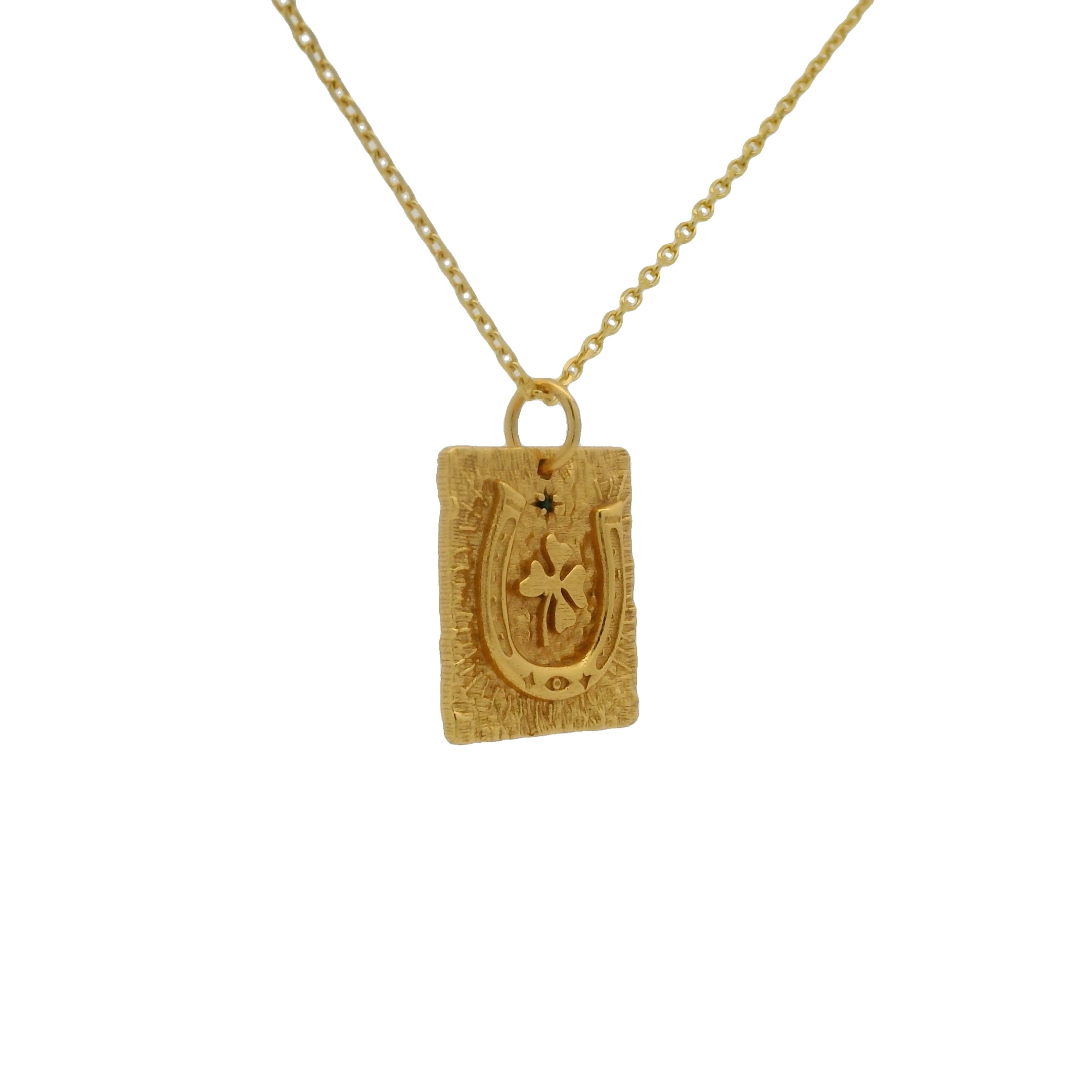 Collier doré plaque fer à cheval trèfle zircon noir 42 cm