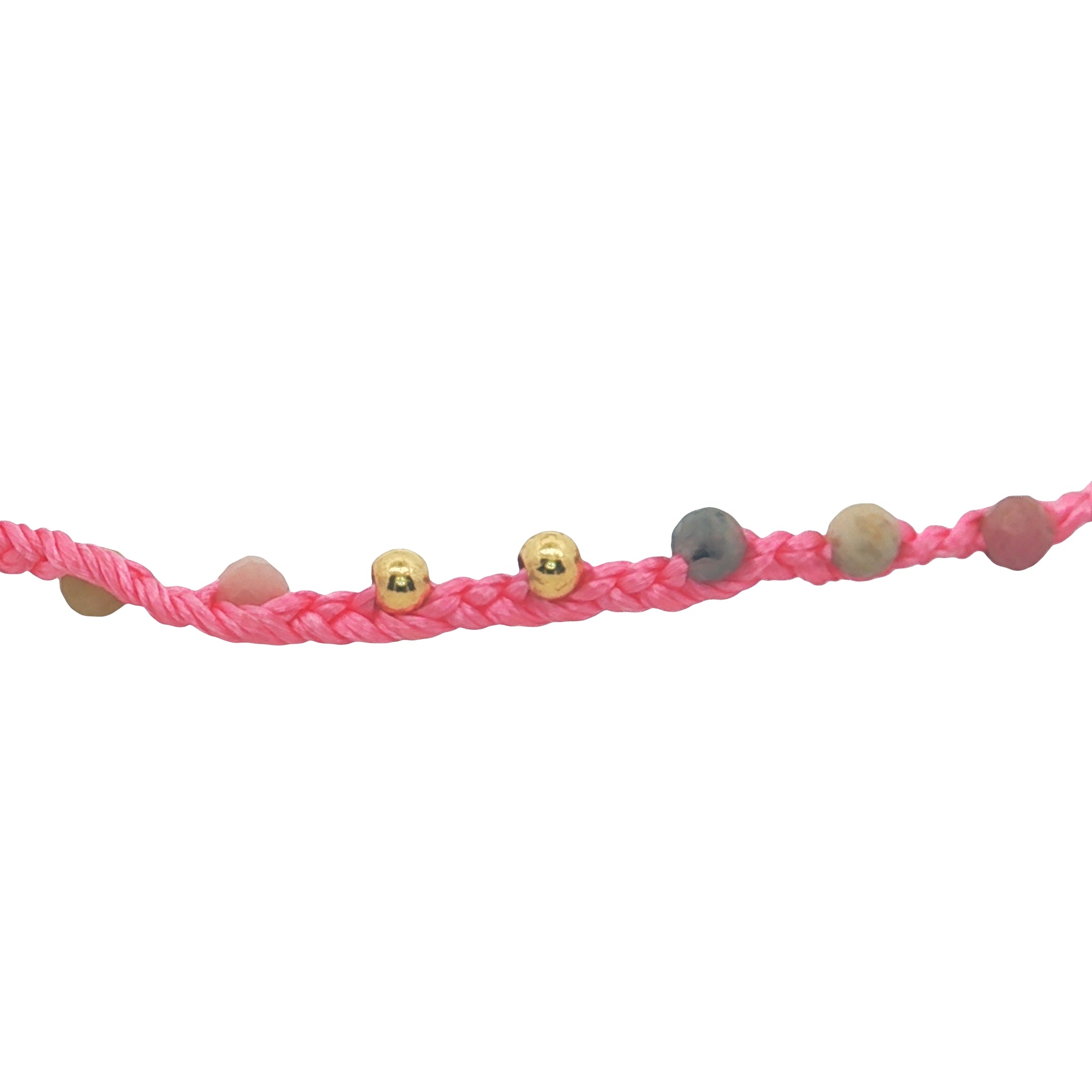 Bracelet doré cordon rose tourmaline et perles dorées