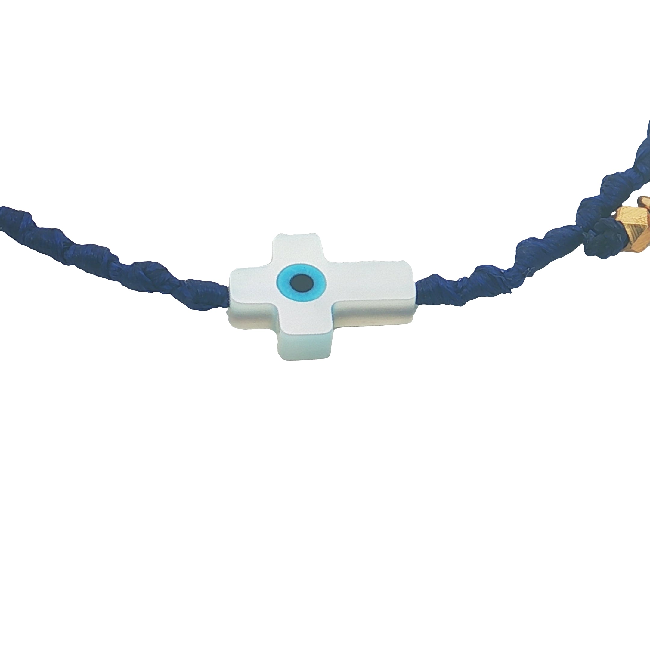 Bracelet doré cordon tressé bleu marine croix avec oeil nacre