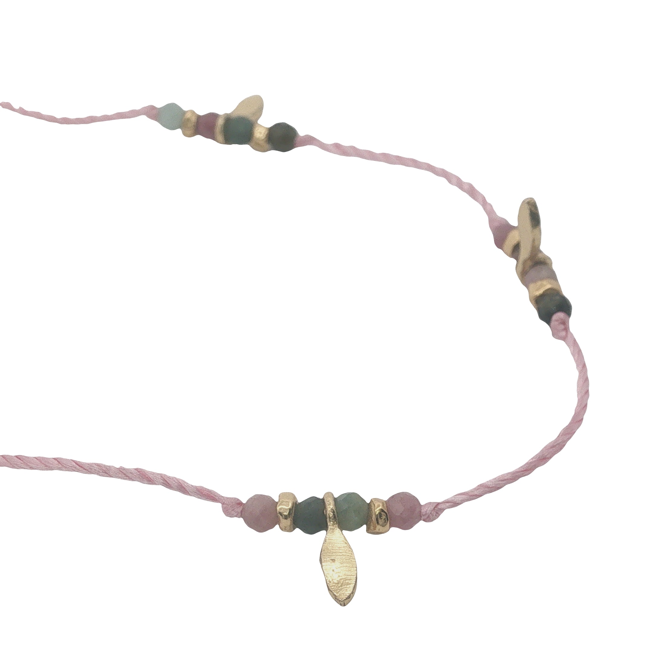 Collier doré fil rose tourmaline, pampilles et perles dorées 60 cm