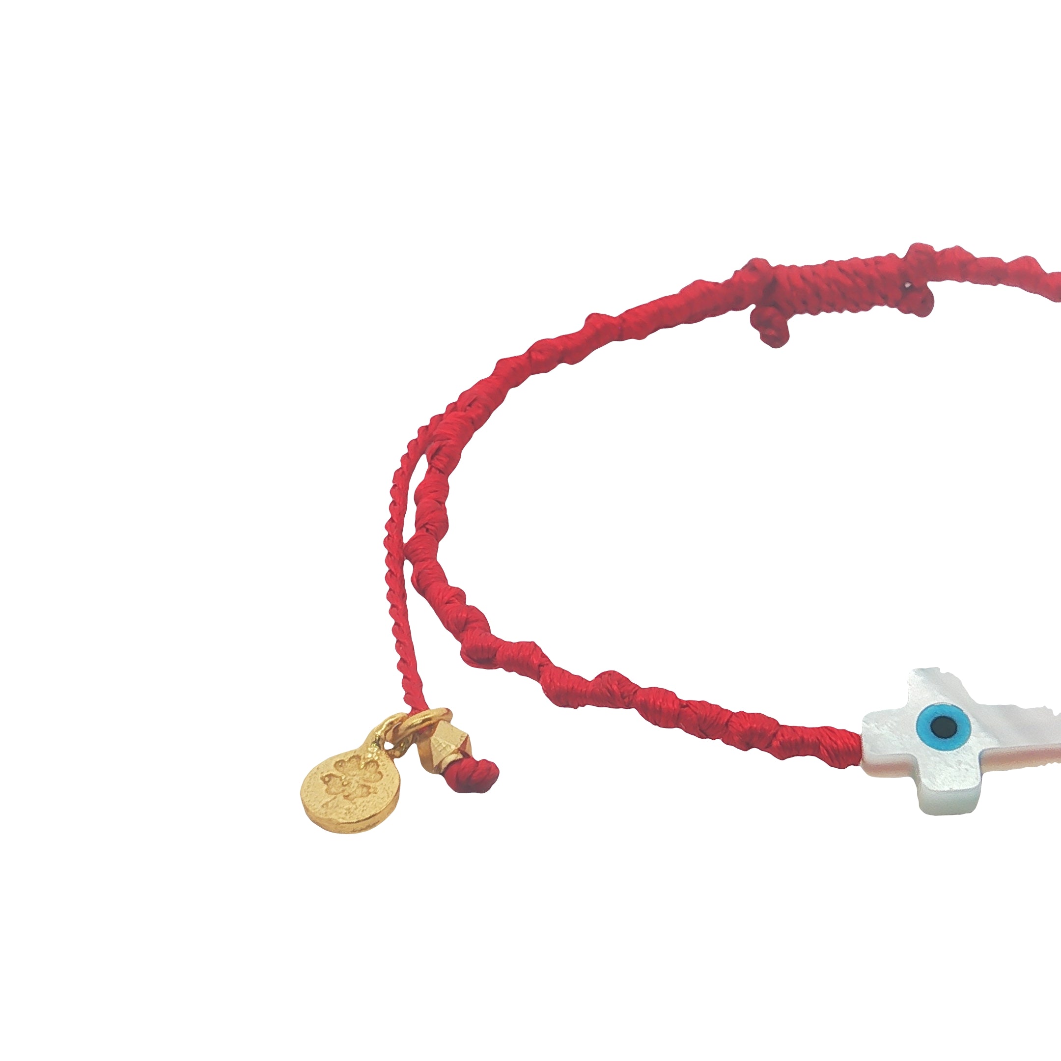 Bracelet doré cordon tressé rouge croix avec oeil nacre