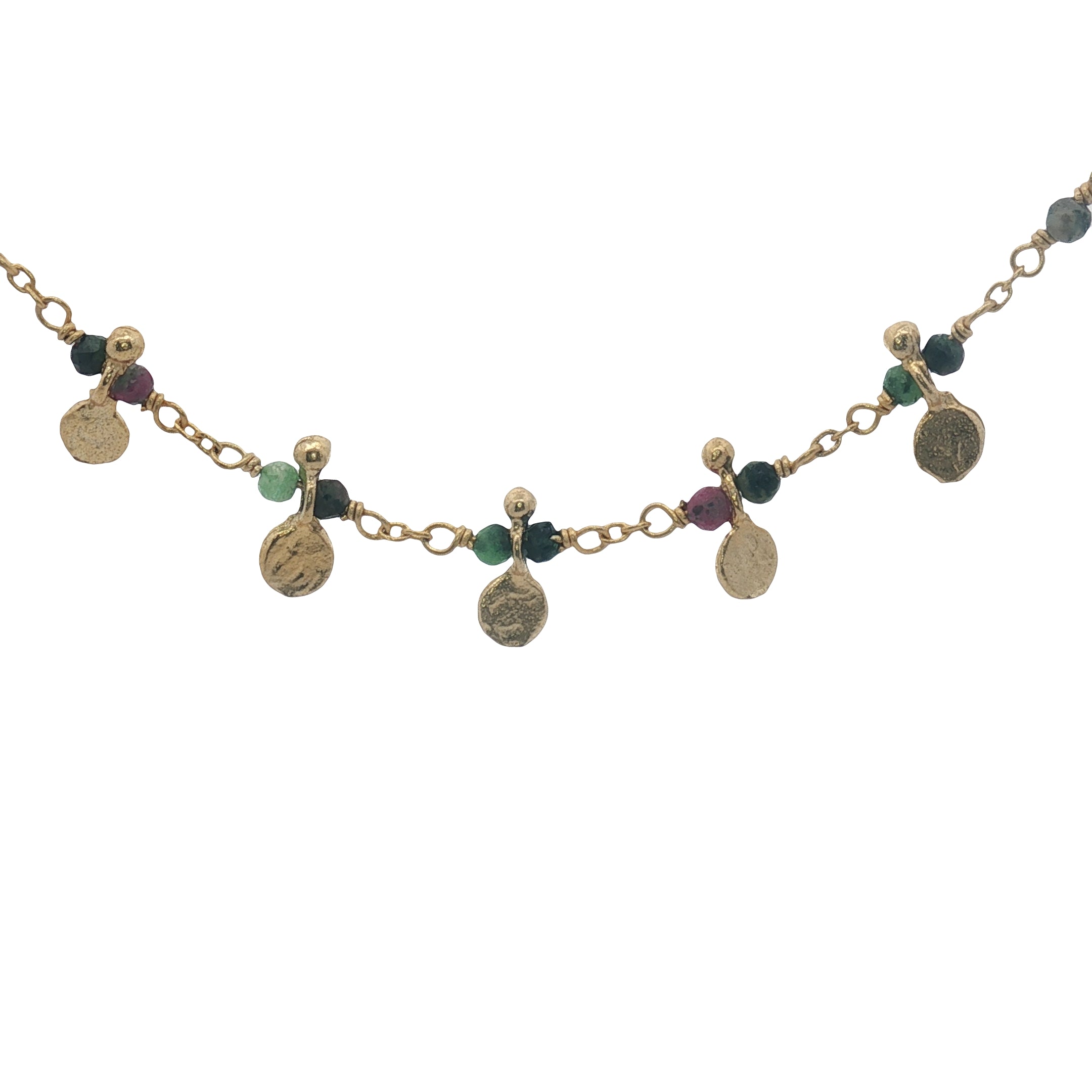 Collier doré chaine rosary rubis zoisite 5 pampilles dorées 50 cm