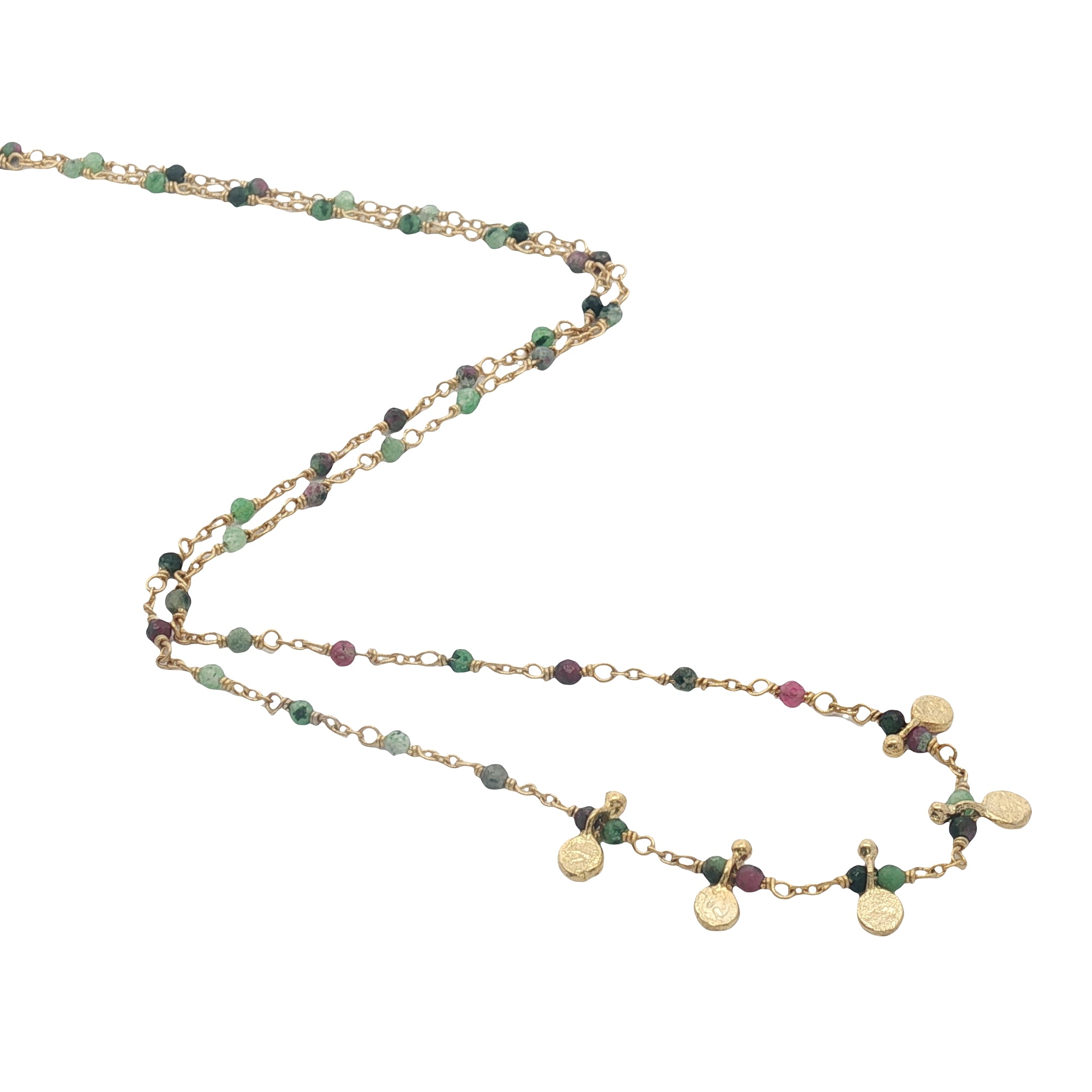Collier doré chaine rosary rubis zoisite 5 pampilles dorées 50 cm