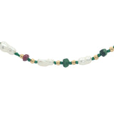 Collier doré en perles de culture, perles dorées et rubis zoisite 60 cm