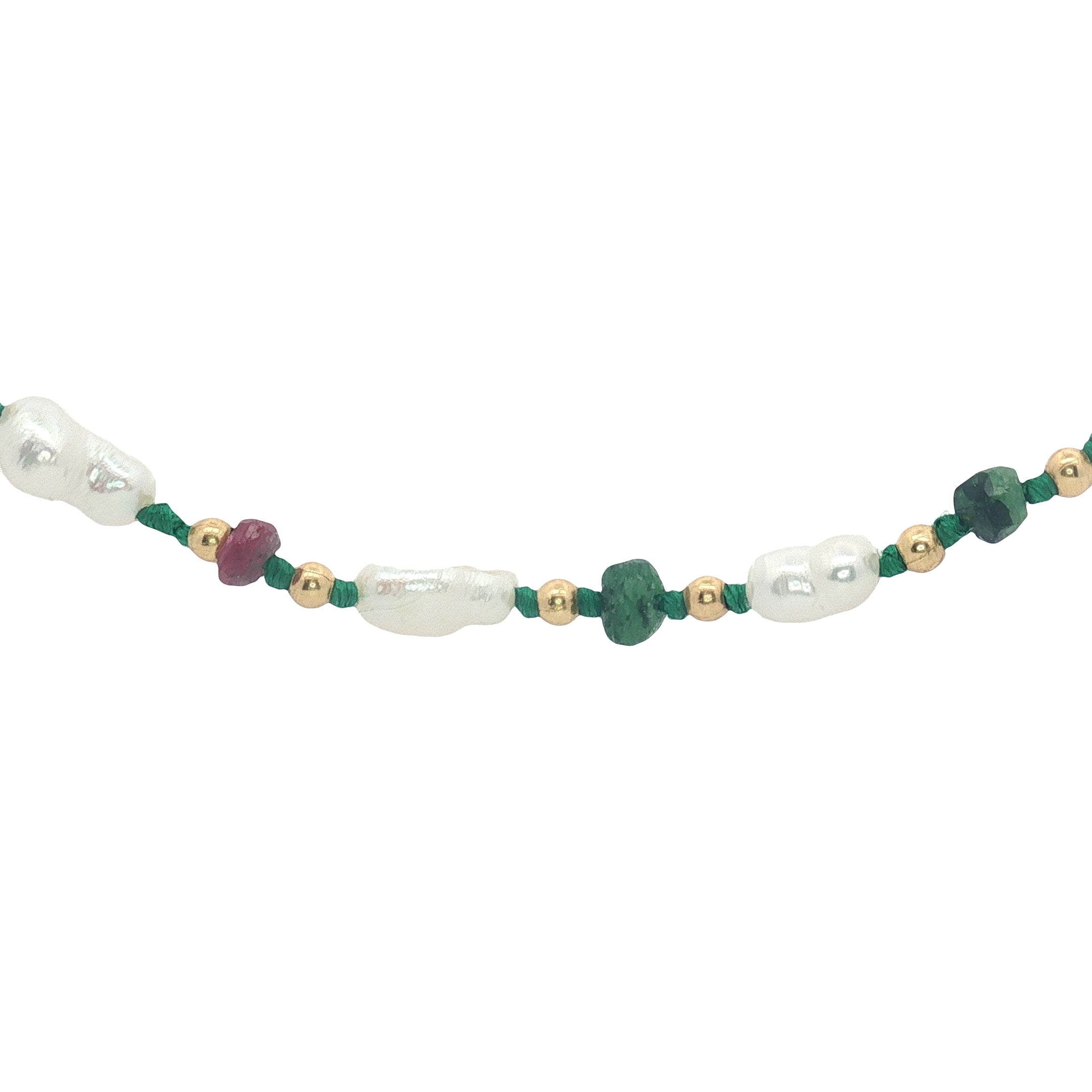 Collier doré en perles de culture, perles dorées et rubis zoisite 60 cm