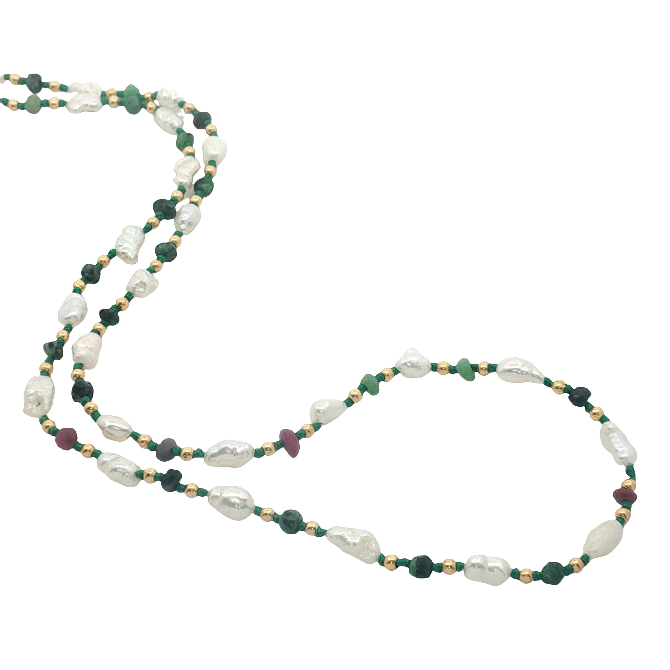 Collier doré en perles de culture, perles dorées et rubis zoisite 60 cm