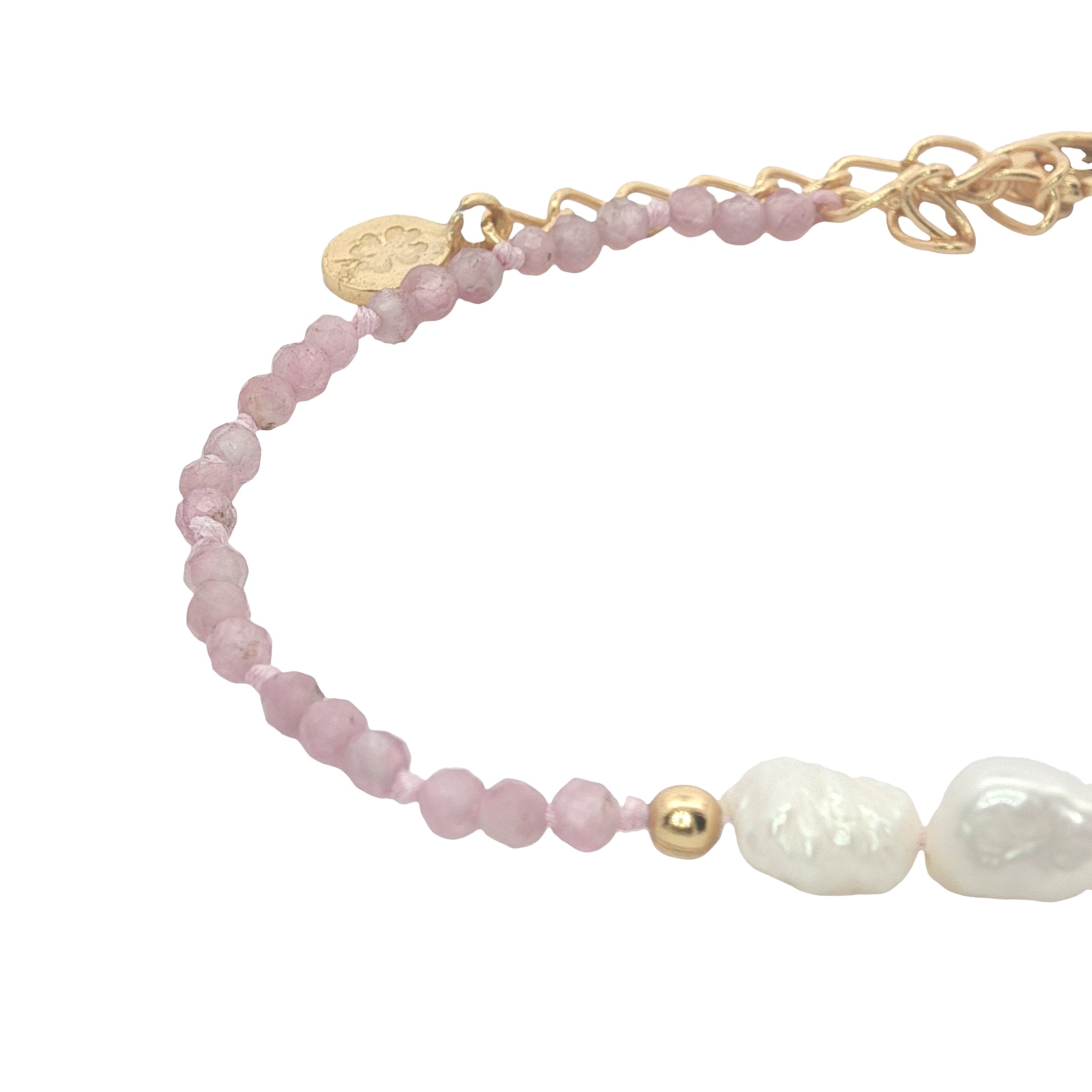 Bracelet doré en tourmaline rose, perles de culture et perles dorées