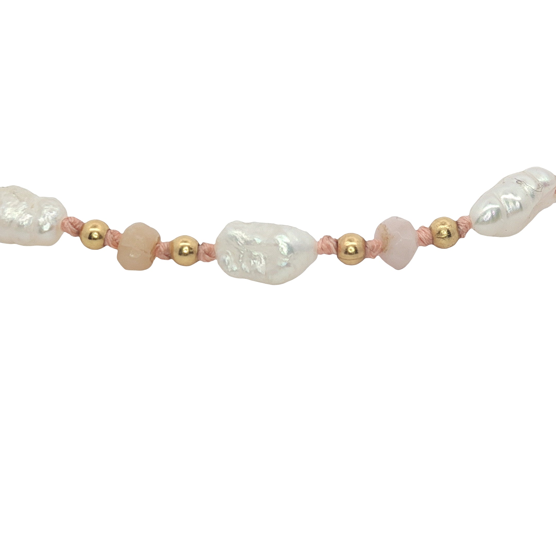 Bracelet doré perles de culture irrégulières, perles dorées et quartz rose