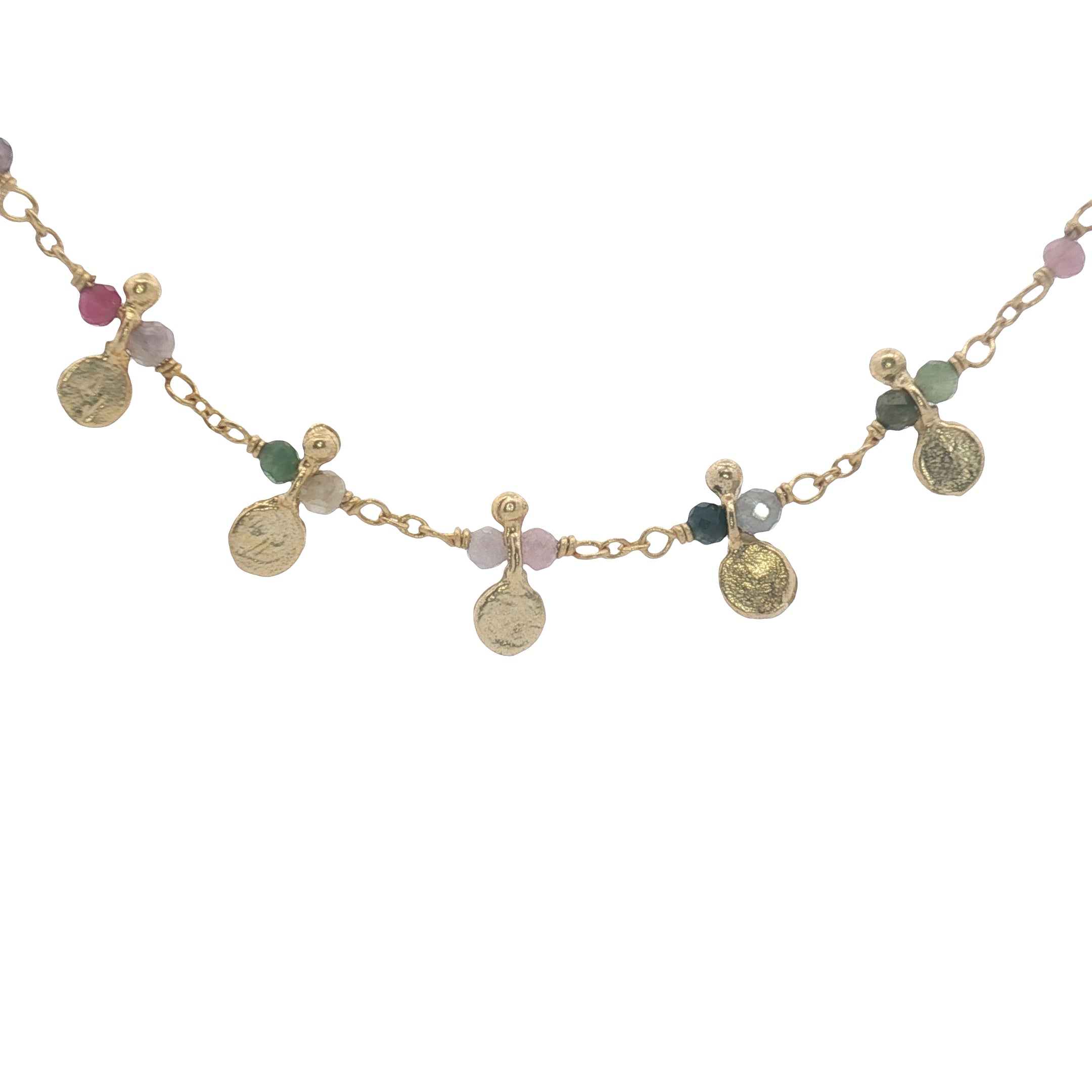 Collier doré chaine rosary en tourmaline 5 pampilles dorées 50 cm