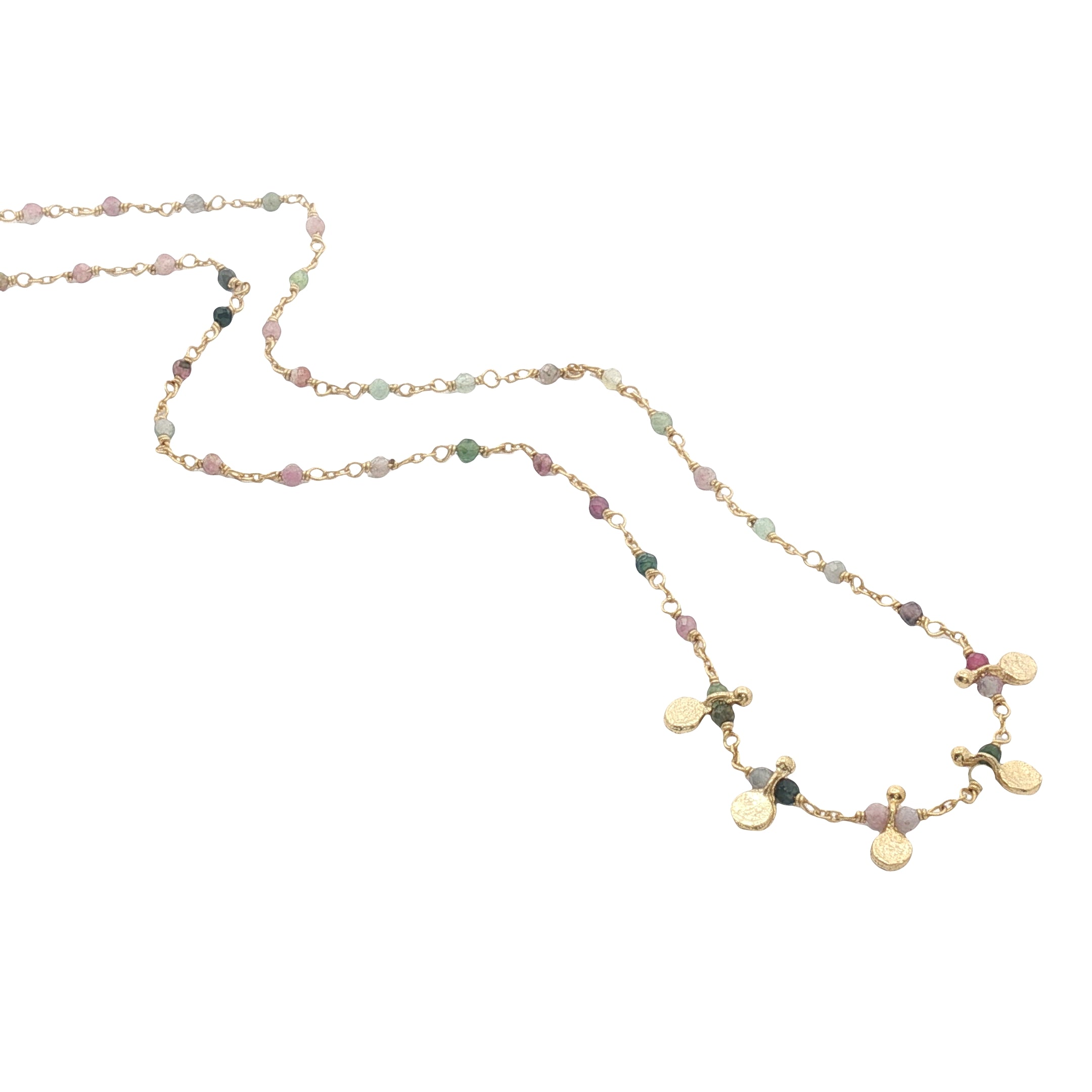 Collier doré chaine rosary en tourmaline 5 pampilles dorées 50 cm