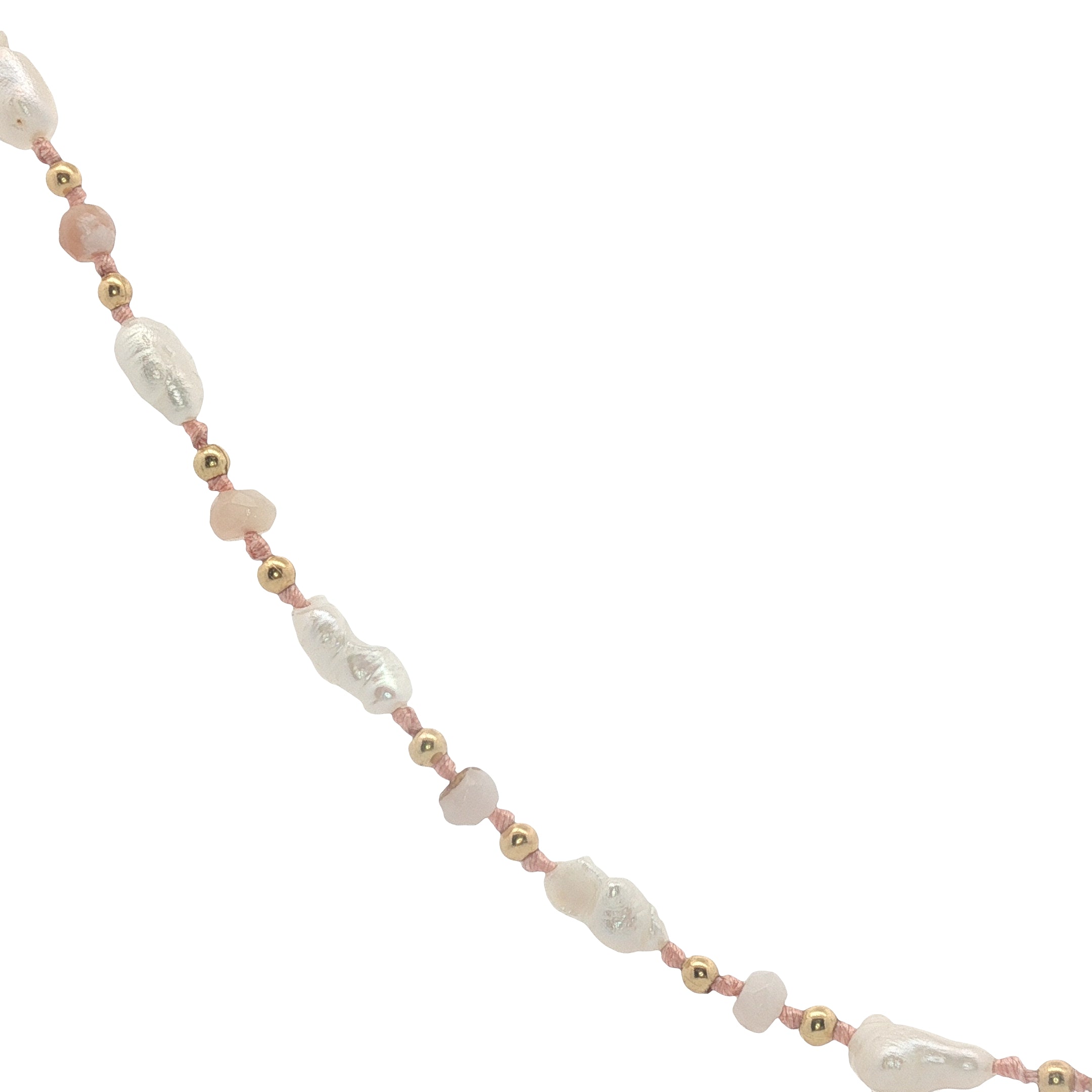 Collier doré perles de culture, perles dorées et quartz rose 60 cm