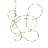 Collier doré perles de culture, perles dorées et prehnite 60 cm