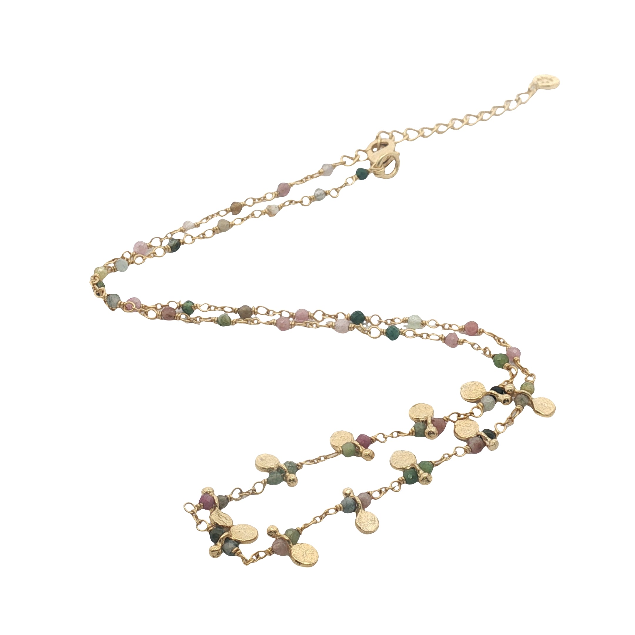 Collier doré chaine rosary en tourmaline pampilles dorées 42 cm