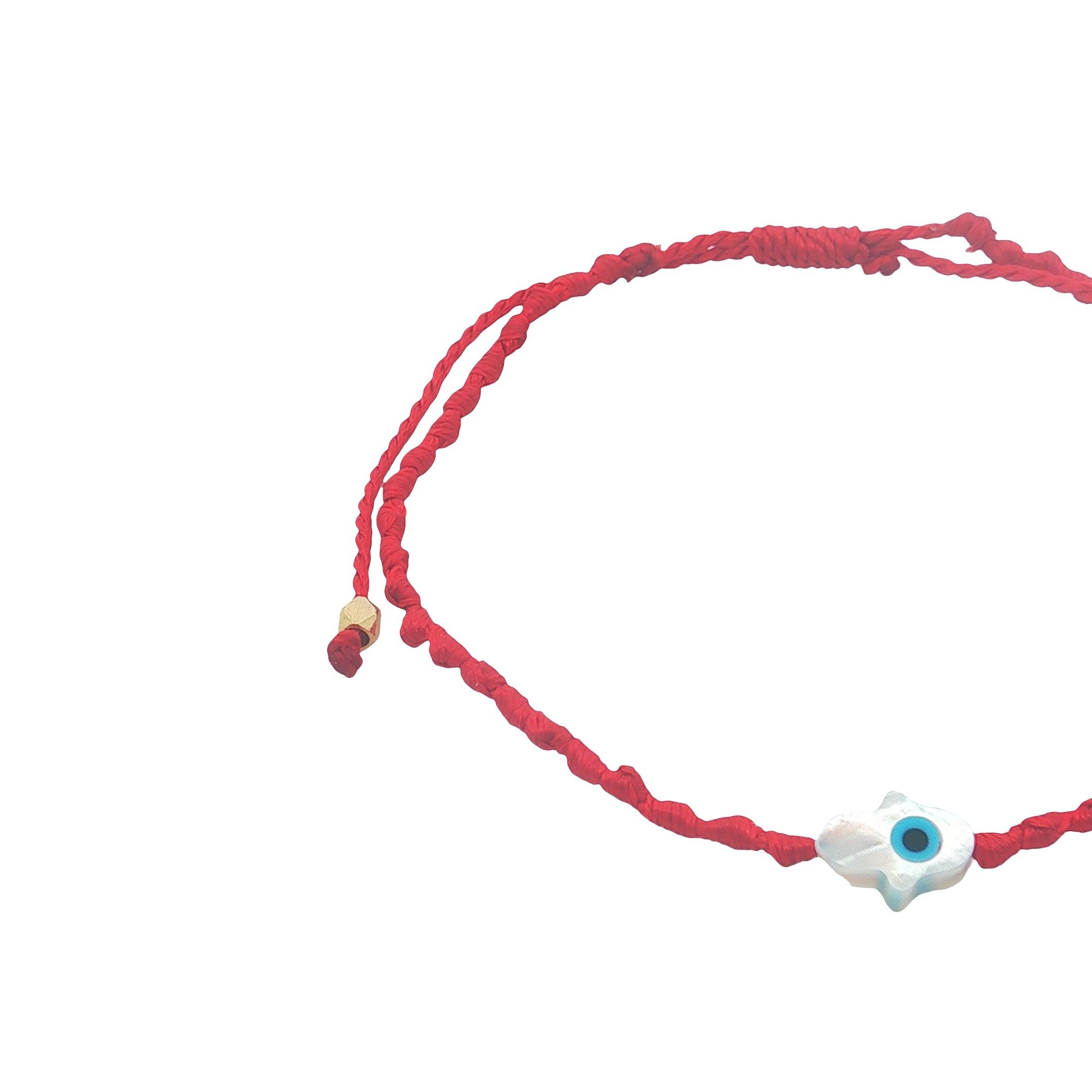 Bracelet doré cordon tressé rouge main de Fatma avec oeil nacre