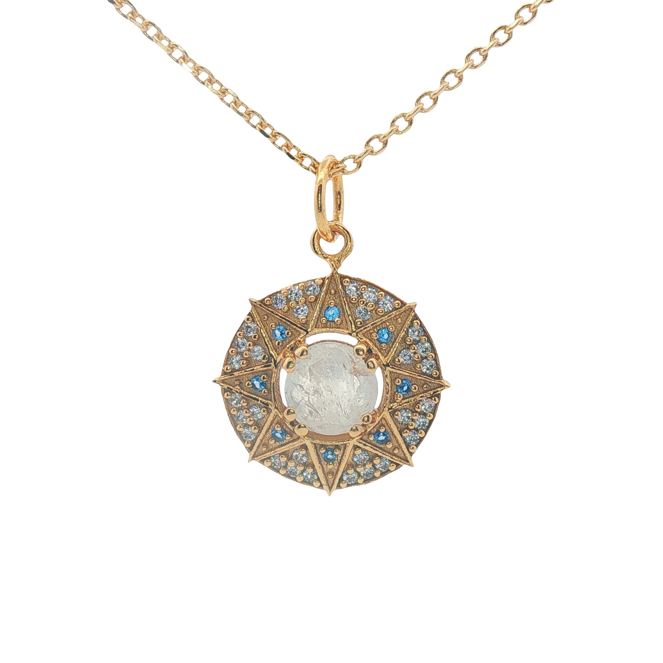 Collier doré médaille soleil pierre naturelle et zircons