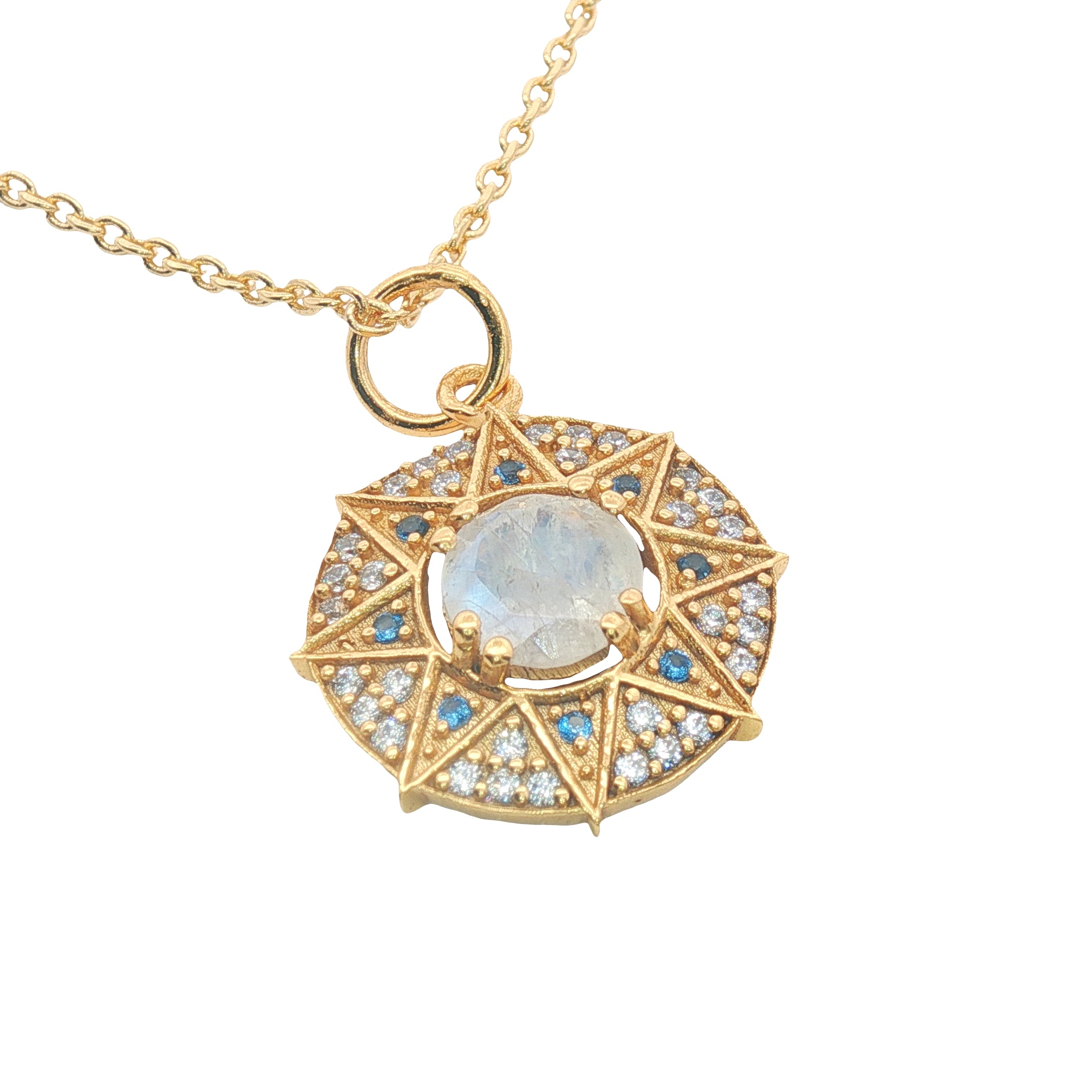 Collier doré médaille soleil pierre naturelle et zircons
