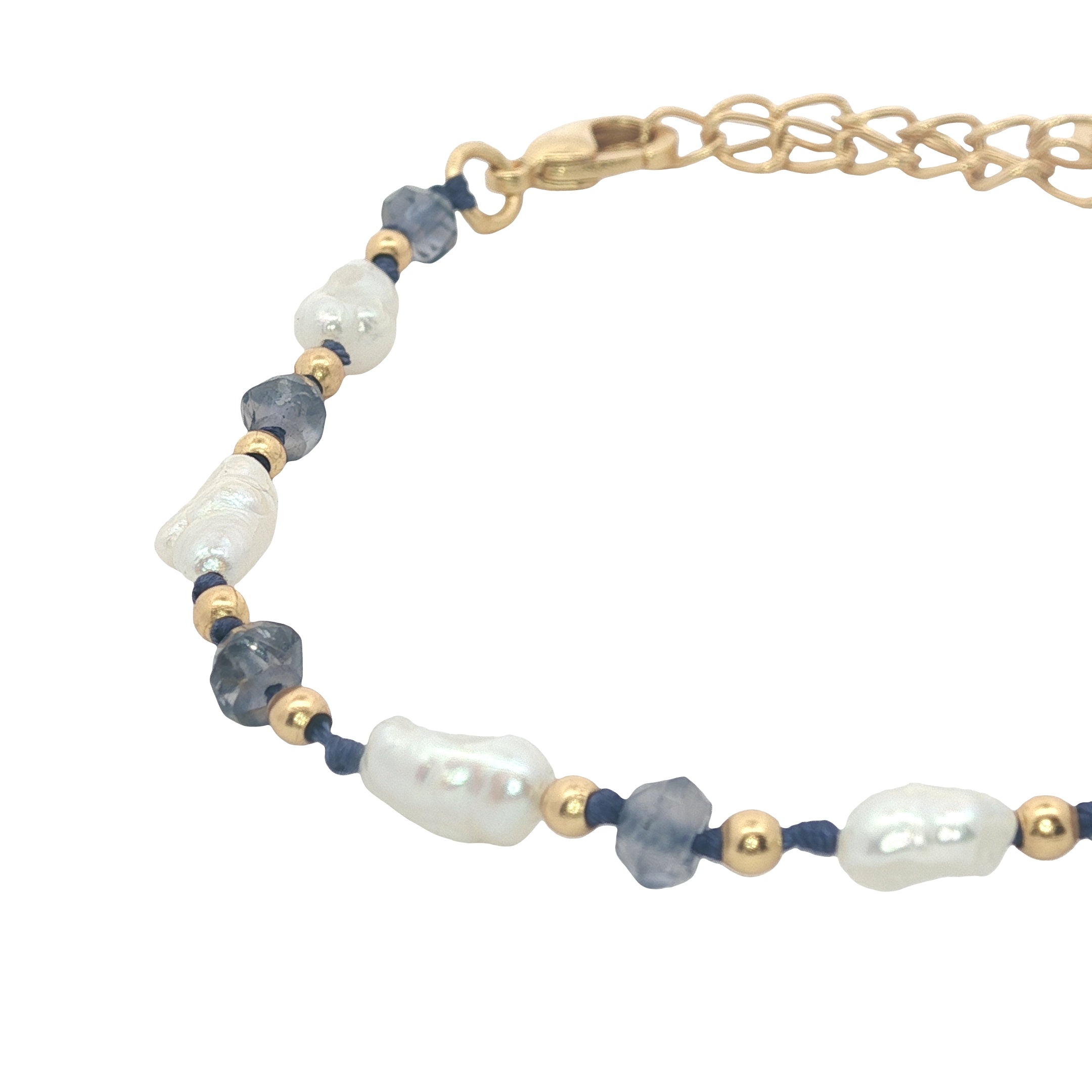 Bracelet doré perles de culture irrégulières, perles dorées et iolite
