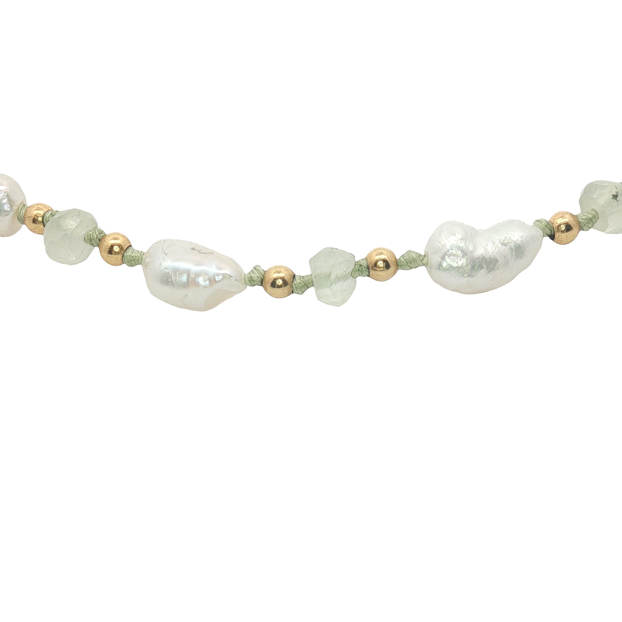 Bracelet doré perles de culture irrégulières, perles dorées et prehnite