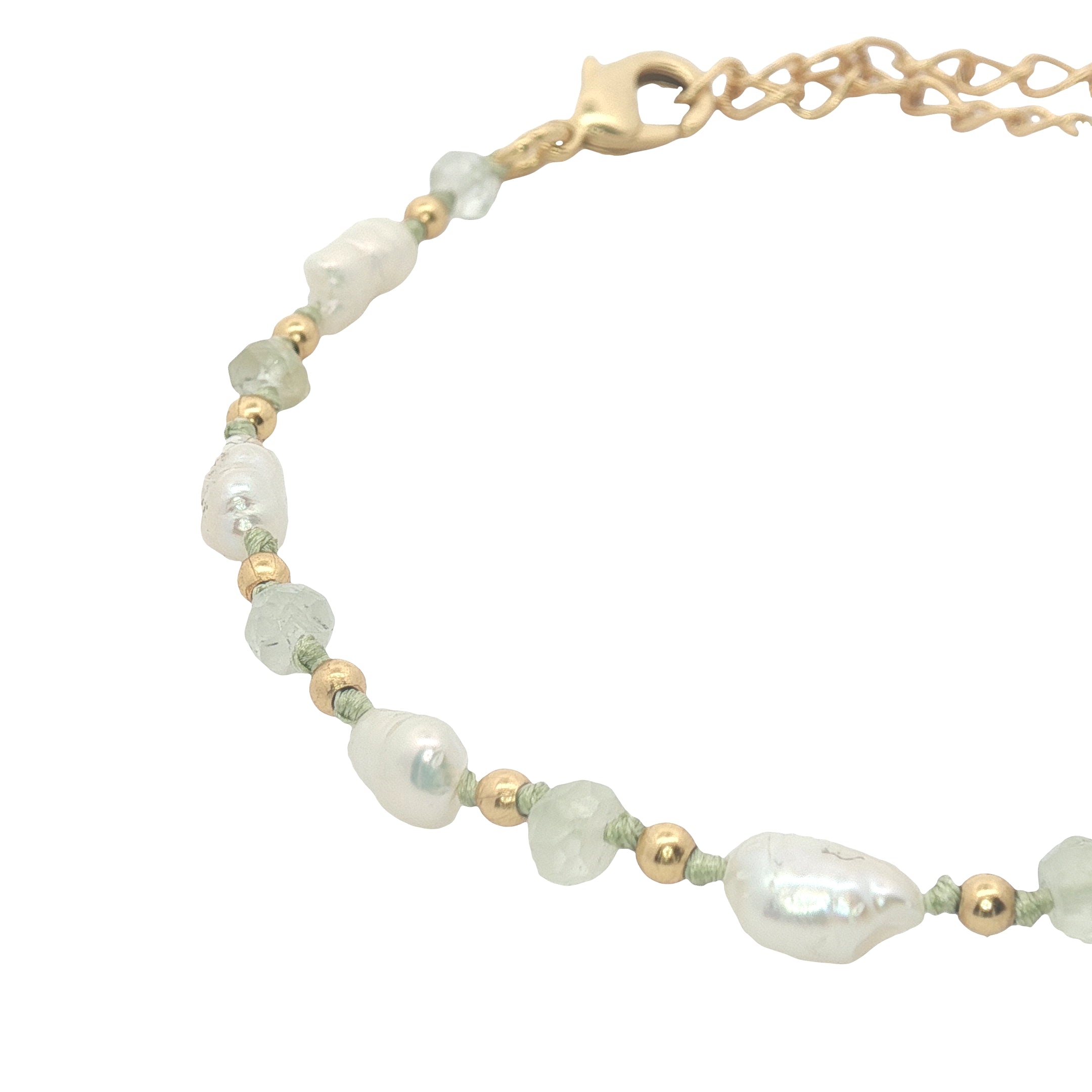 Bracelet doré perles de culture irrégulières, perles dorées et prehnite