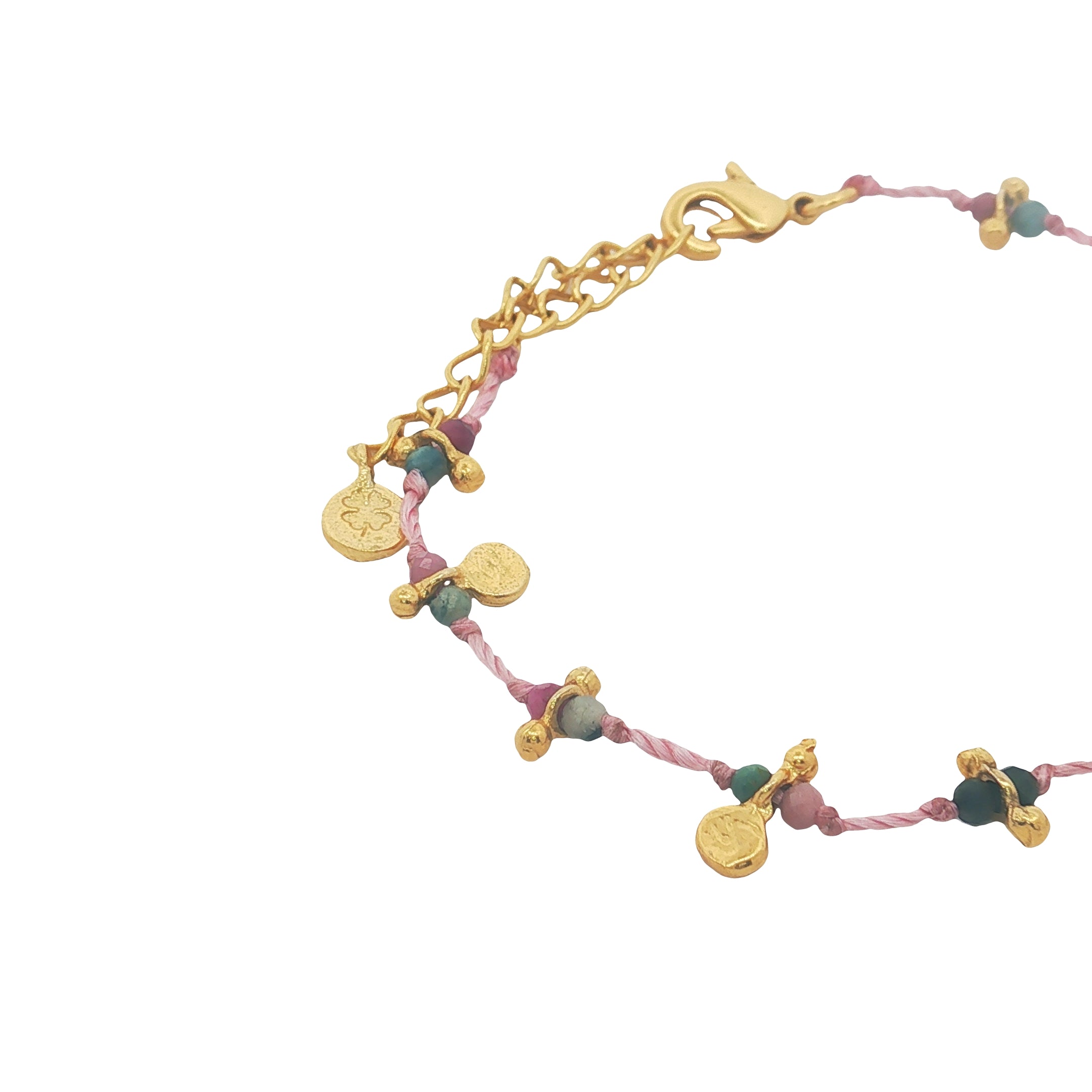 Bracelet doré cordon rose tourmaline et pampilles rondes