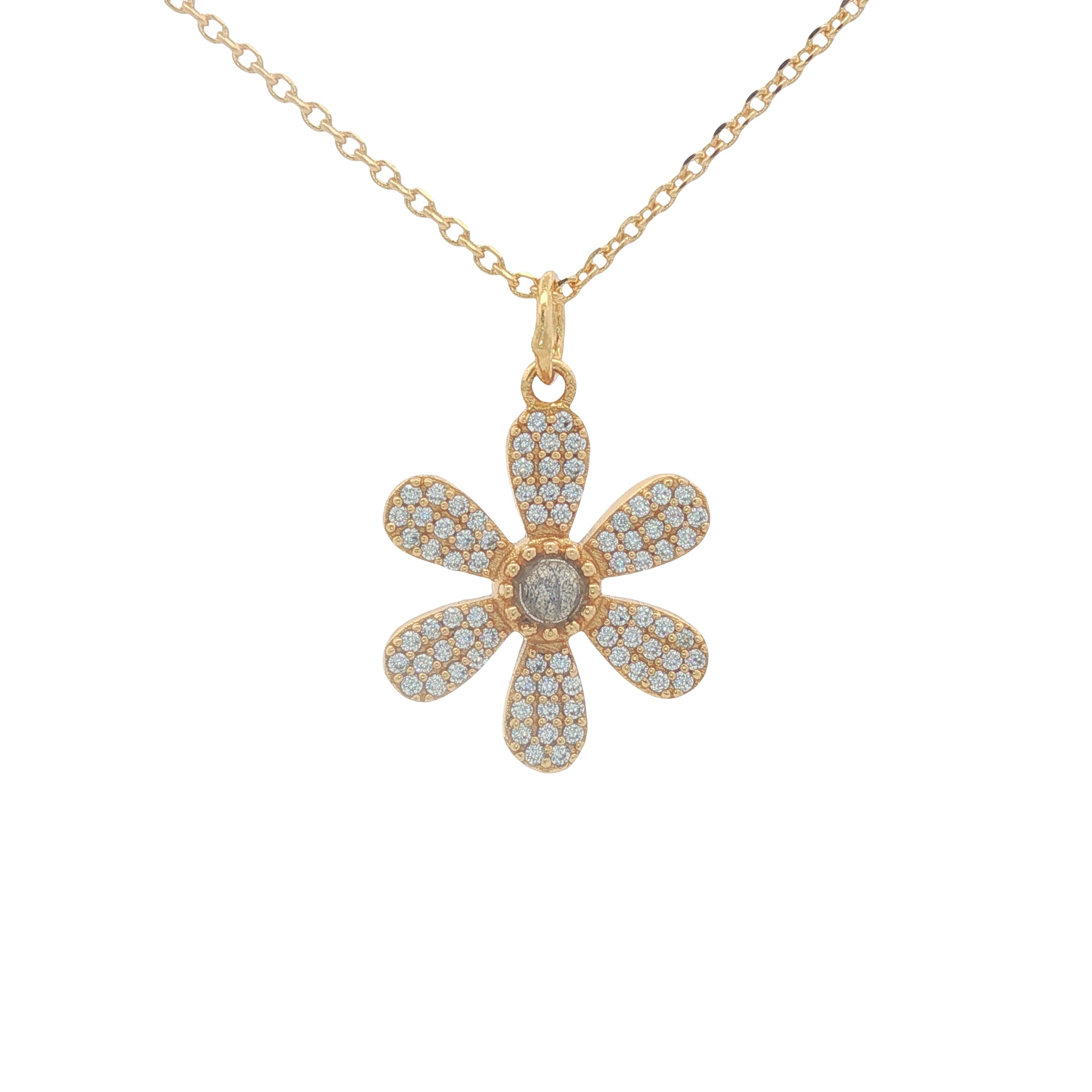 Collier doré fleur en zircons avec labradorite 42 cm