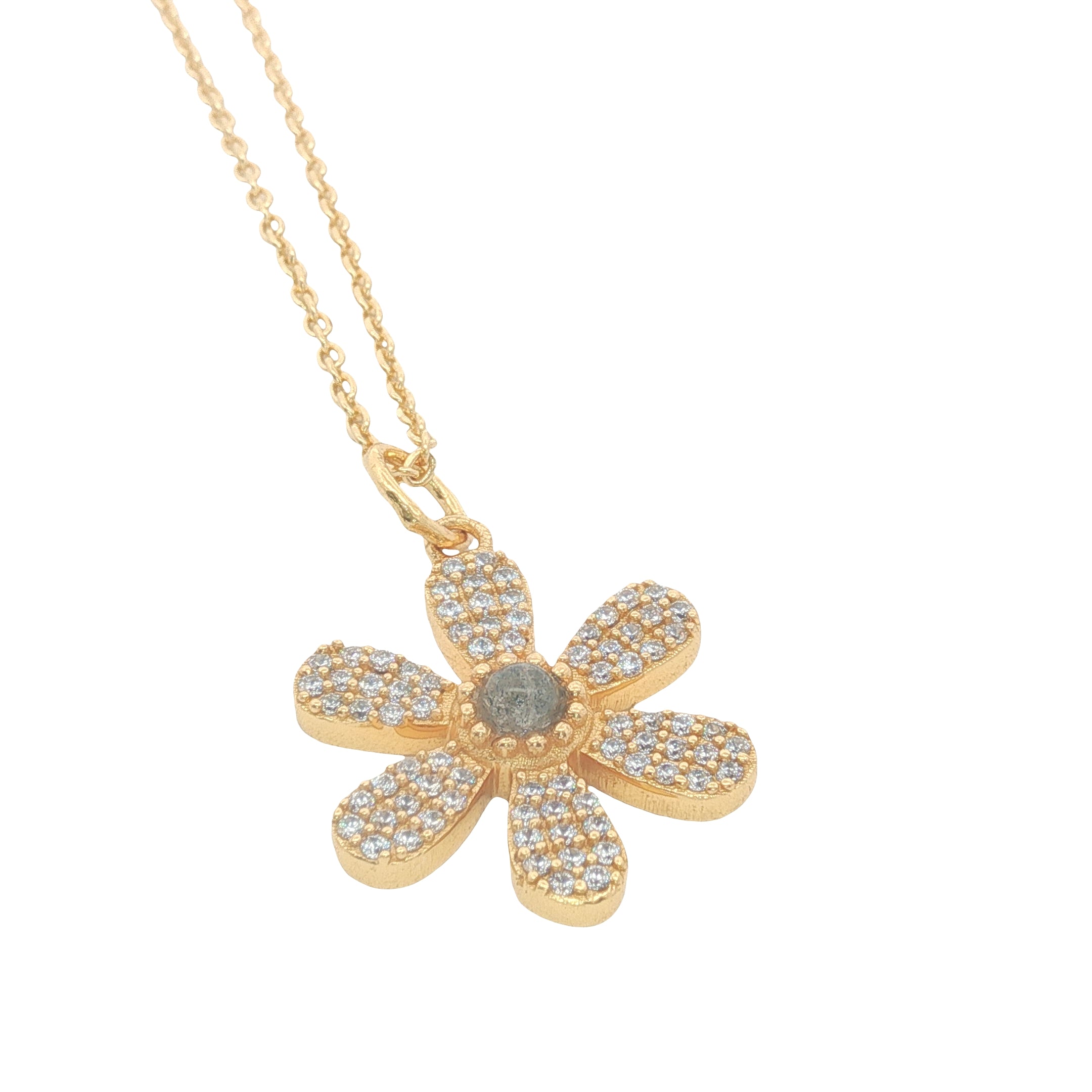 Collier doré fleur en zircons avec labradorite 42 cm