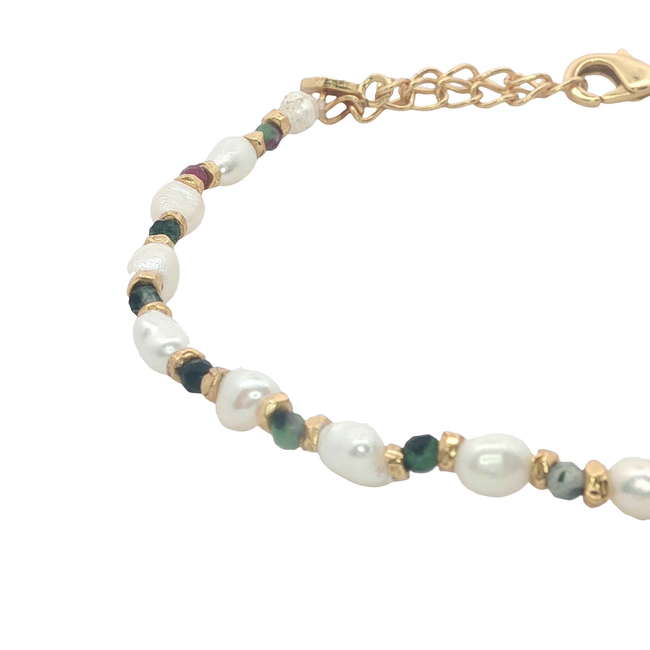 Bracelet doré perles de culture, perles dorées et rubis zoisite