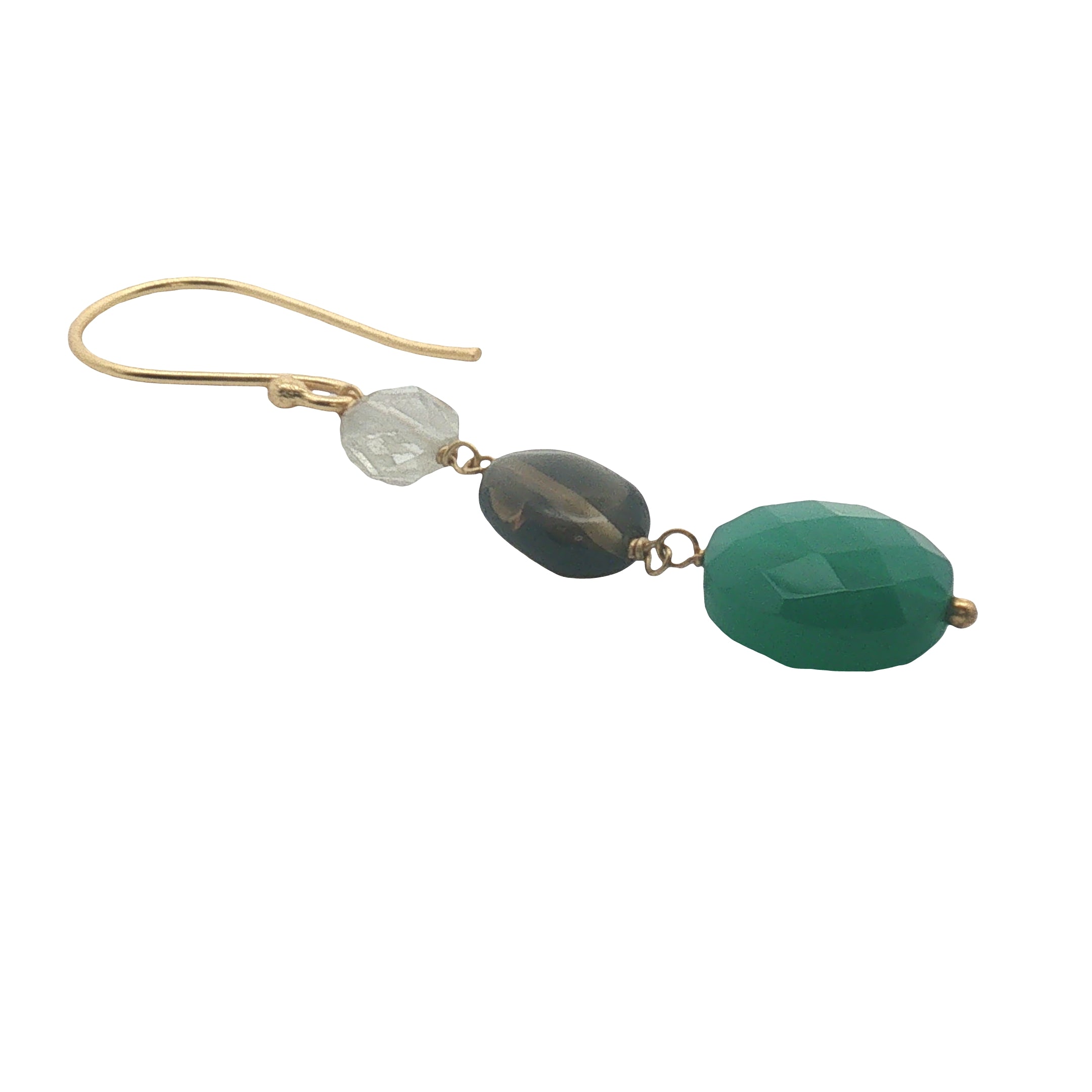 Boucles d'oreilles pendantes dorées quartz citron, fumé et onyx verte