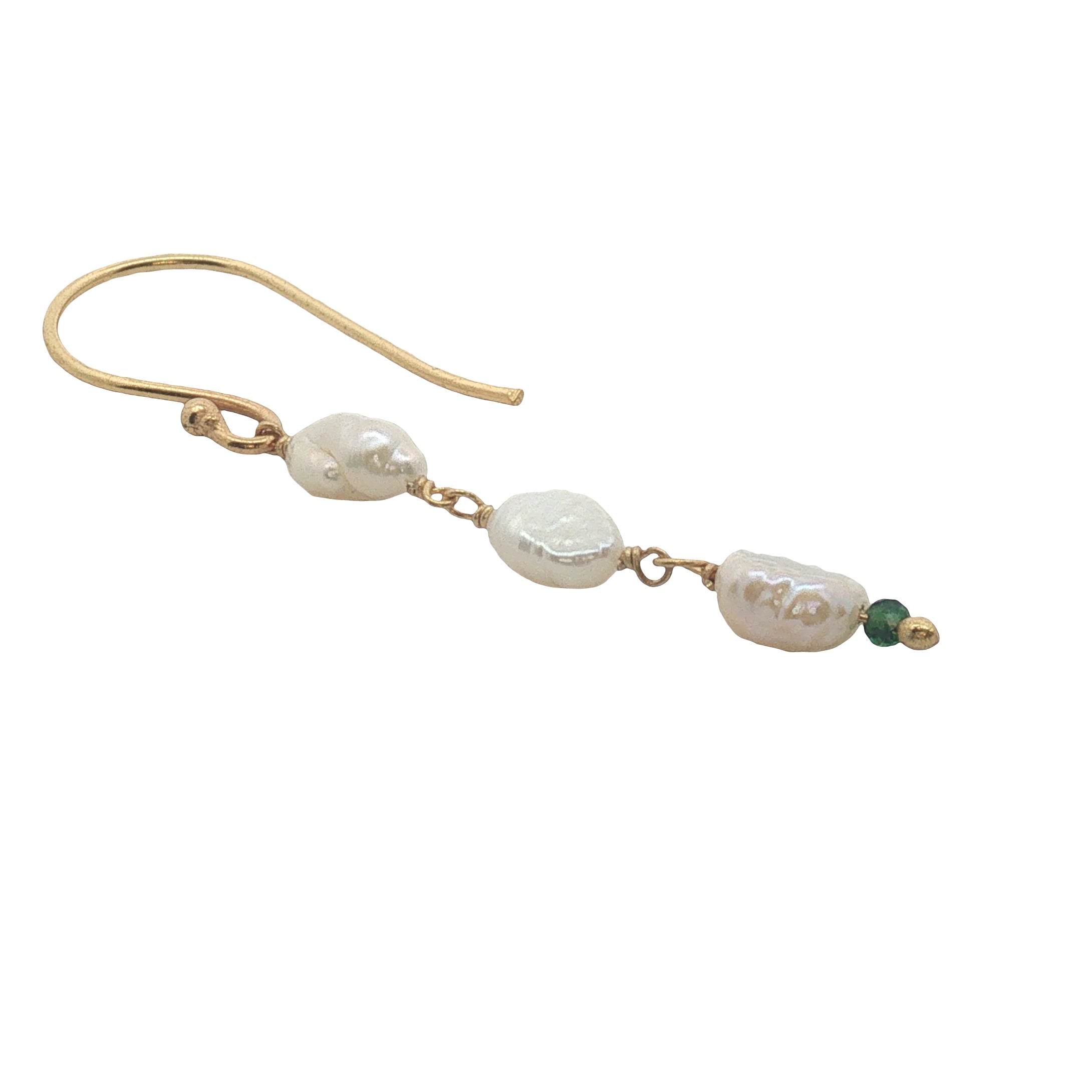 Boucles d'oreilles pendantes dorées trio perle de culture et petit rubis zoisite