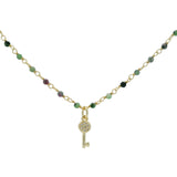 Collier doré chaine rosary rubis zoisite clé zircons 38 cm