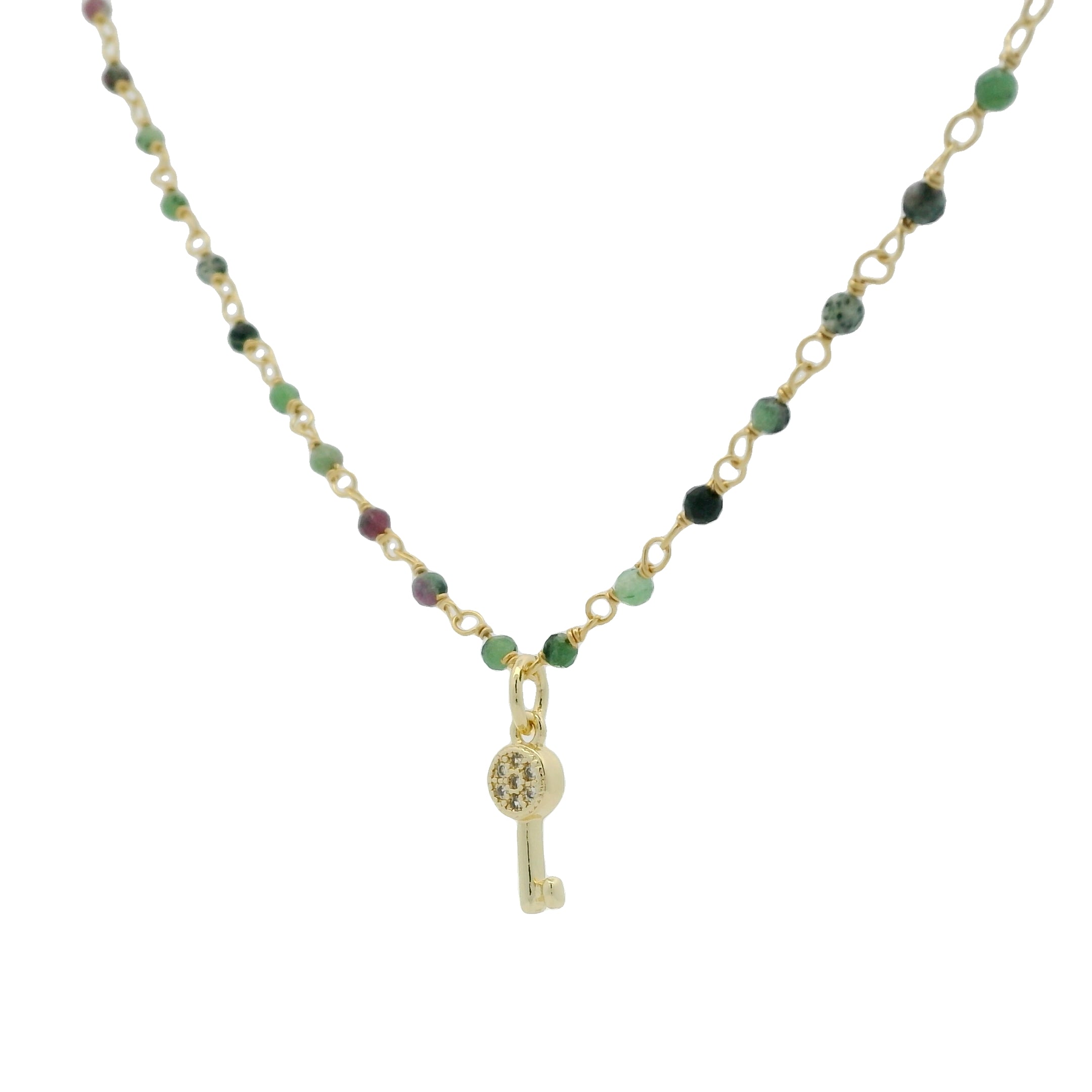 Collier doré chaine rosary rubis zoisite clé zircons 38 cm