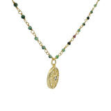 Collier rosary doré rubis zoisite et rose des vents 46cm
