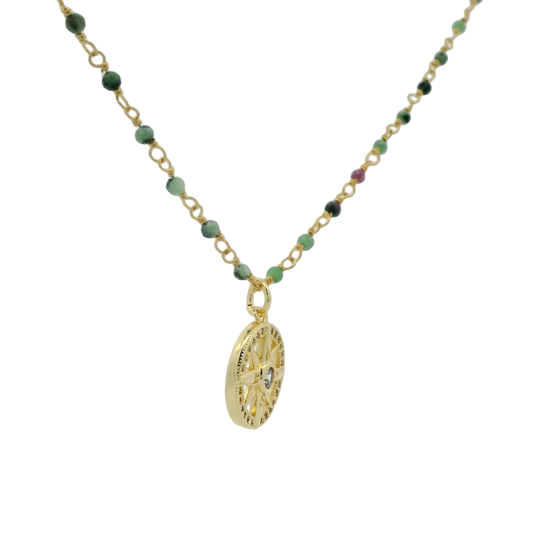 Collier rosary doré rubis zoisite et rose des vents 46cm