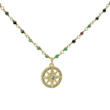 Collier rosary doré rubis zoisite et rose des vents 46cm
